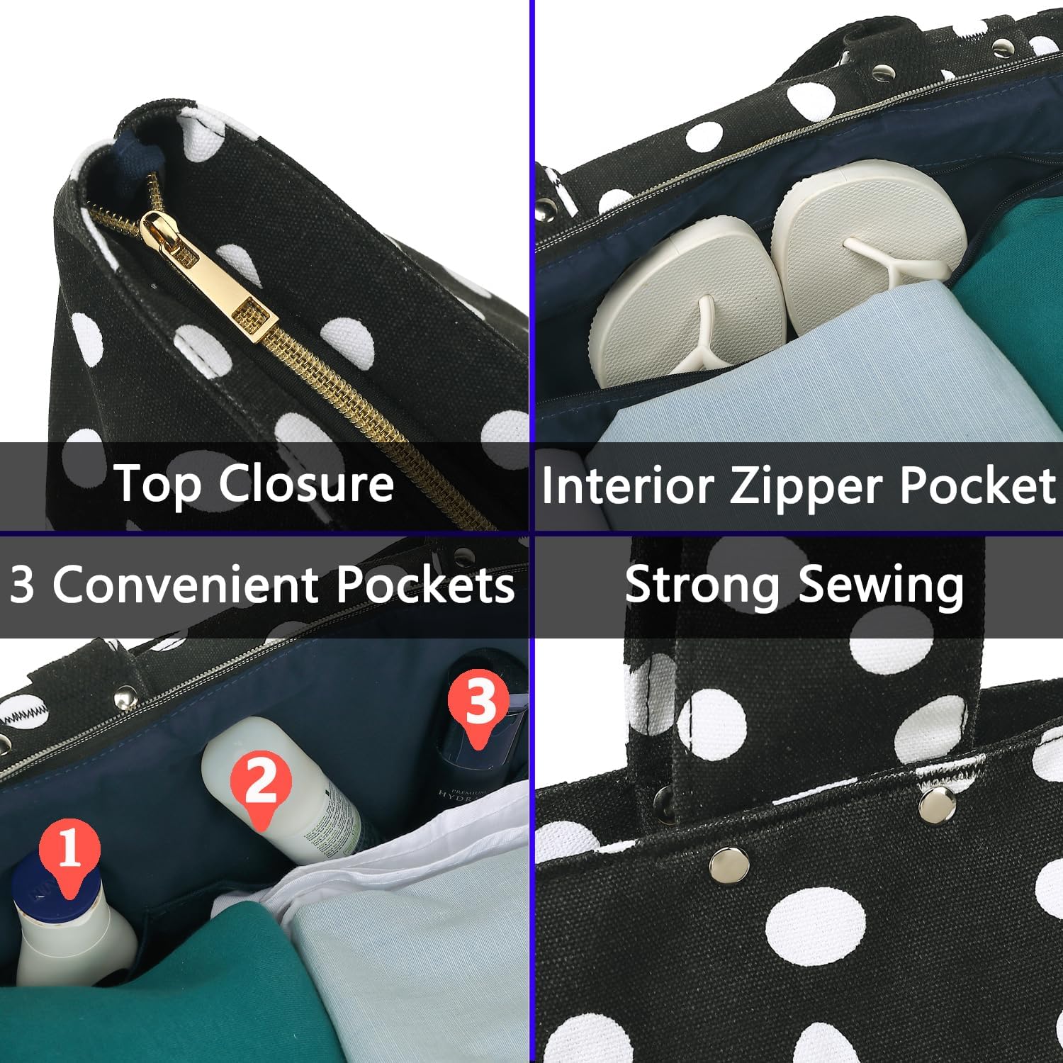 Detalle de Fammart Beach Bags Waterproof Sandproof Large Canvas Tote with Leakproof Wet Pocket