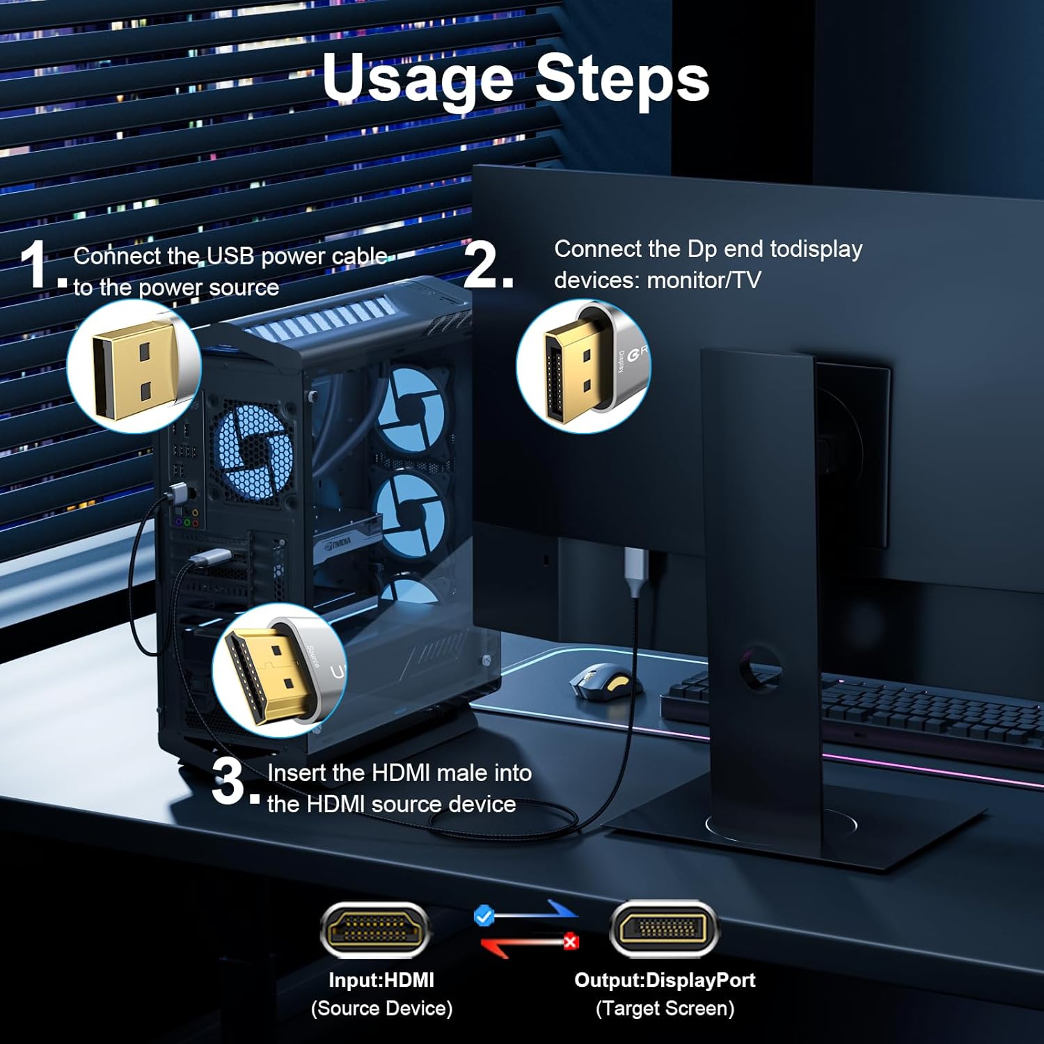Thumbnail 6 de Active HDMI to DisplayPort Cable (4K 60Hz, 1080p@120Hz) 6FT – One-Way HDMI Source to DP Monitor Adapter