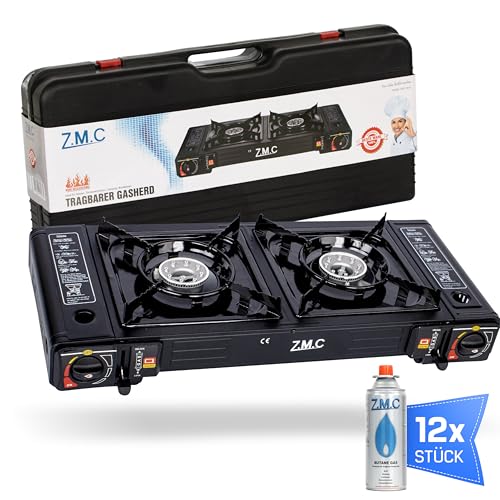 Detalle de Z.M.C Gaskocher Campingkocher 2-flammig 2,5 kW – inkl. 12x 227 g Kartuschen und Adapter