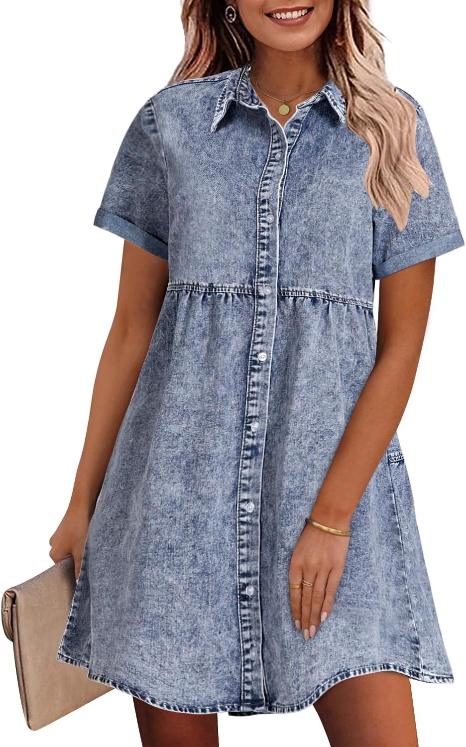 Detalle de GRAPENT Denim Dress for Women Babydoll Tiered Short Sleeve Button Down Jean Shirt Dresses