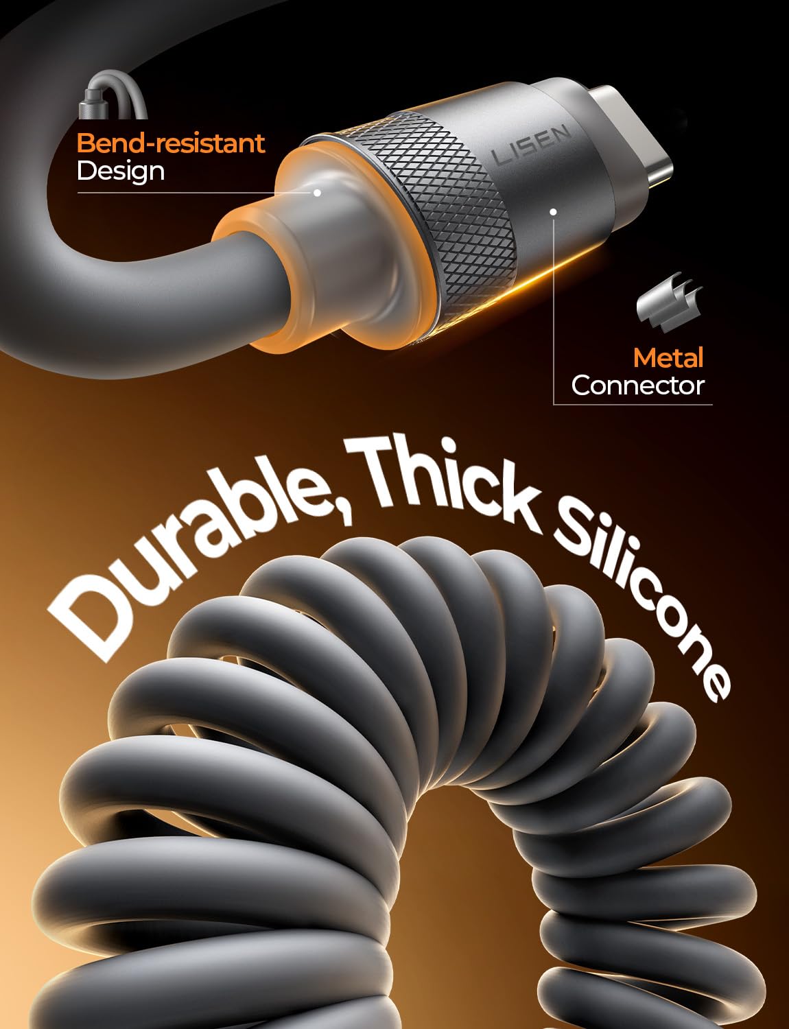 Detalle 2 de LISEN Coiled USB-C Cable, Short Neat 2 Pack: 60W USB-C to USB-C Fast Charging for CarPlay & Android Auto