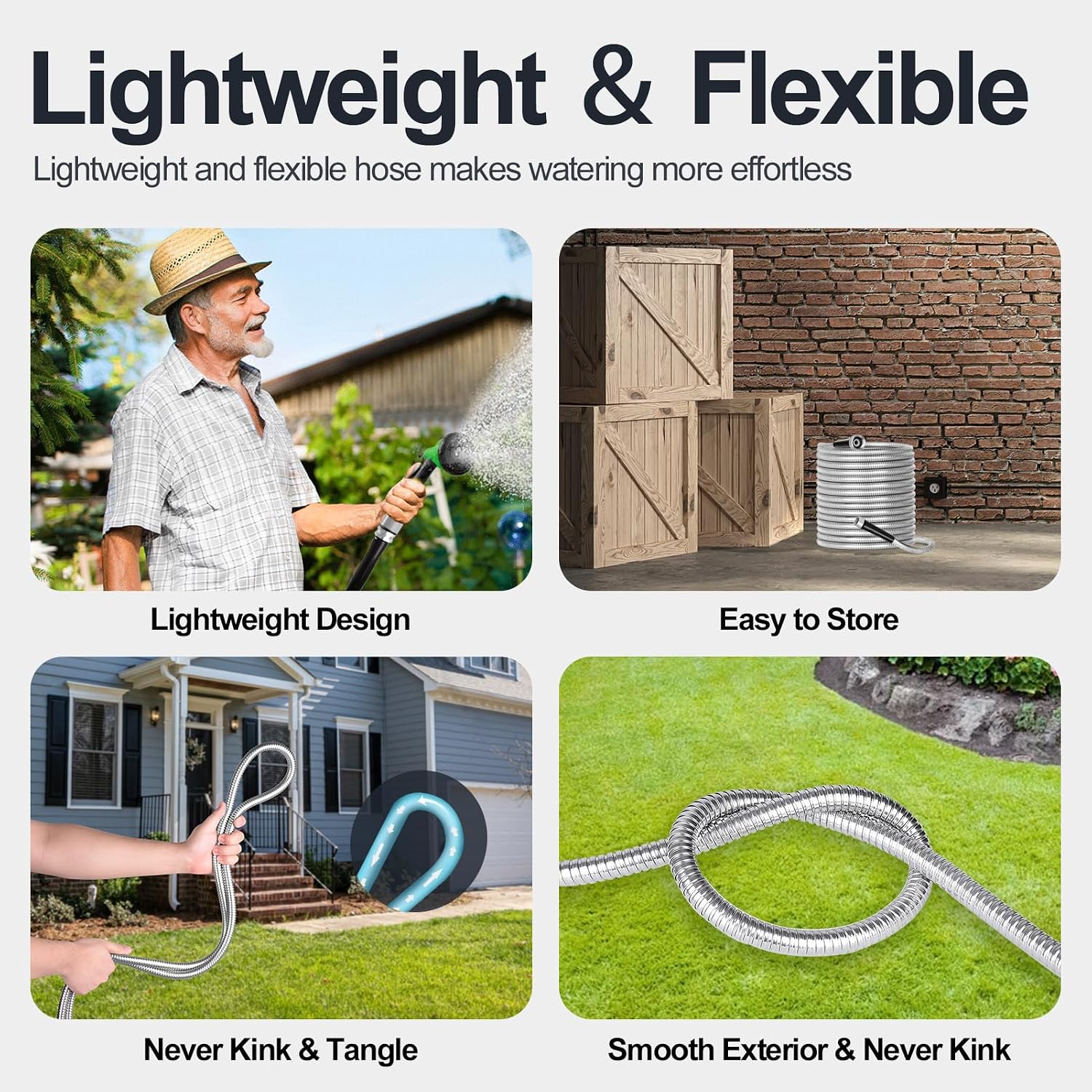 Detalle de SPECILITE 100ft 304 Stainless Steel Garden Hose — Heavy Duty, Non-Kink, With Dual Nozzles