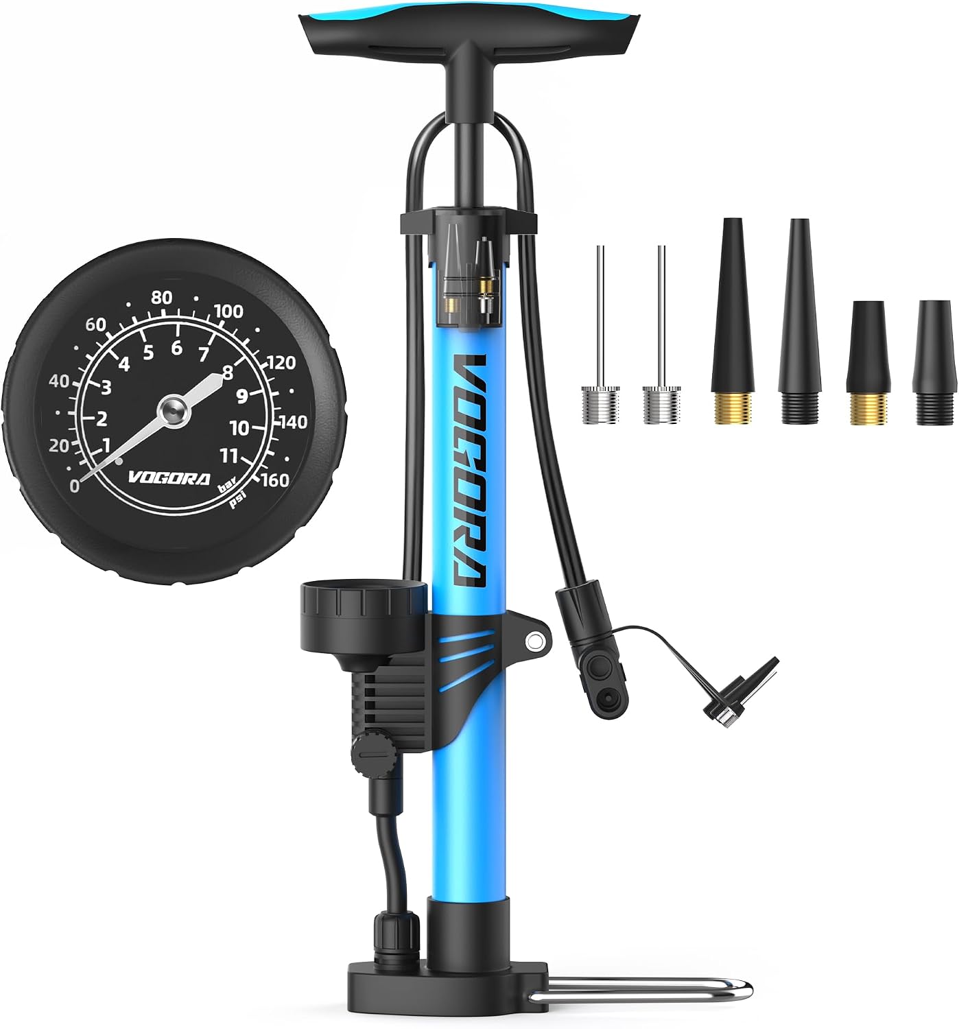 Thumbnail 6 de VOGORA Standpumpe mit Manometer für Fahrrad und Bälle – für französische Ventile (Presta) & weitere Typen, inkl. Nadel