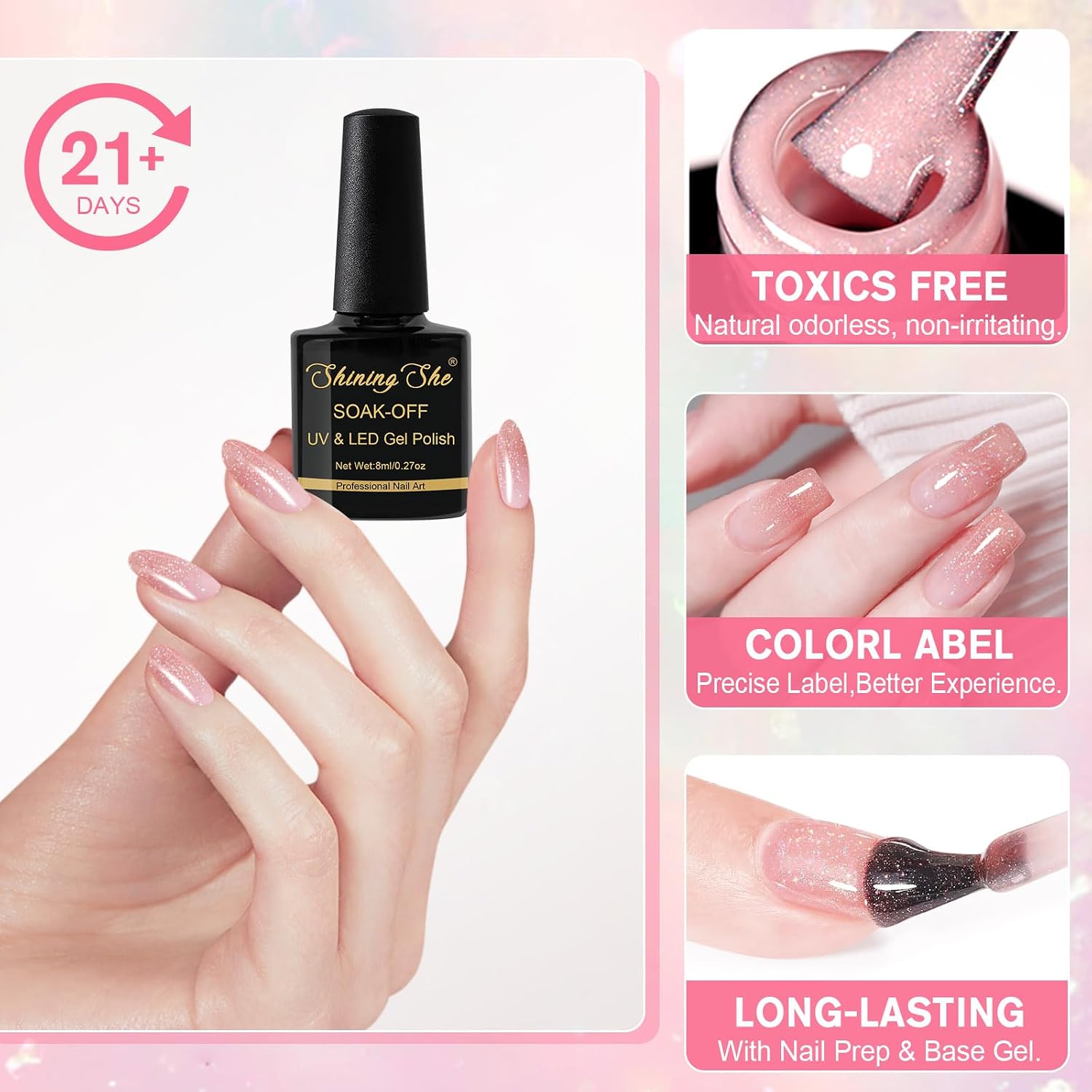 Thumbnail 3 de Shining She UV-Glitzer-Jelly-Nagellack (6 Farben) – holografischer Schimmer in Nude-Rosa, Soak-off Gel, 8 ml
