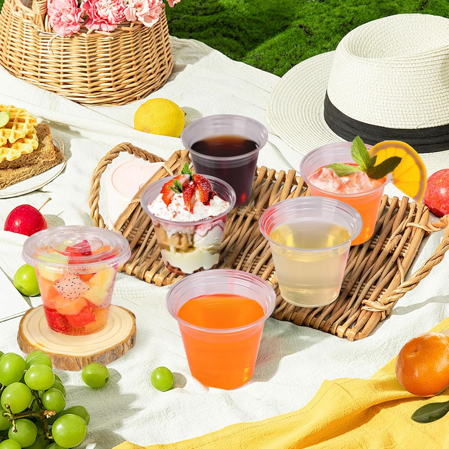 Thumbnail 4 de BYSNOW 9 oz Clear Plastic Cups with Flat Lids (100 Pack) — Leak-Proof, Stackable Dessert Cups