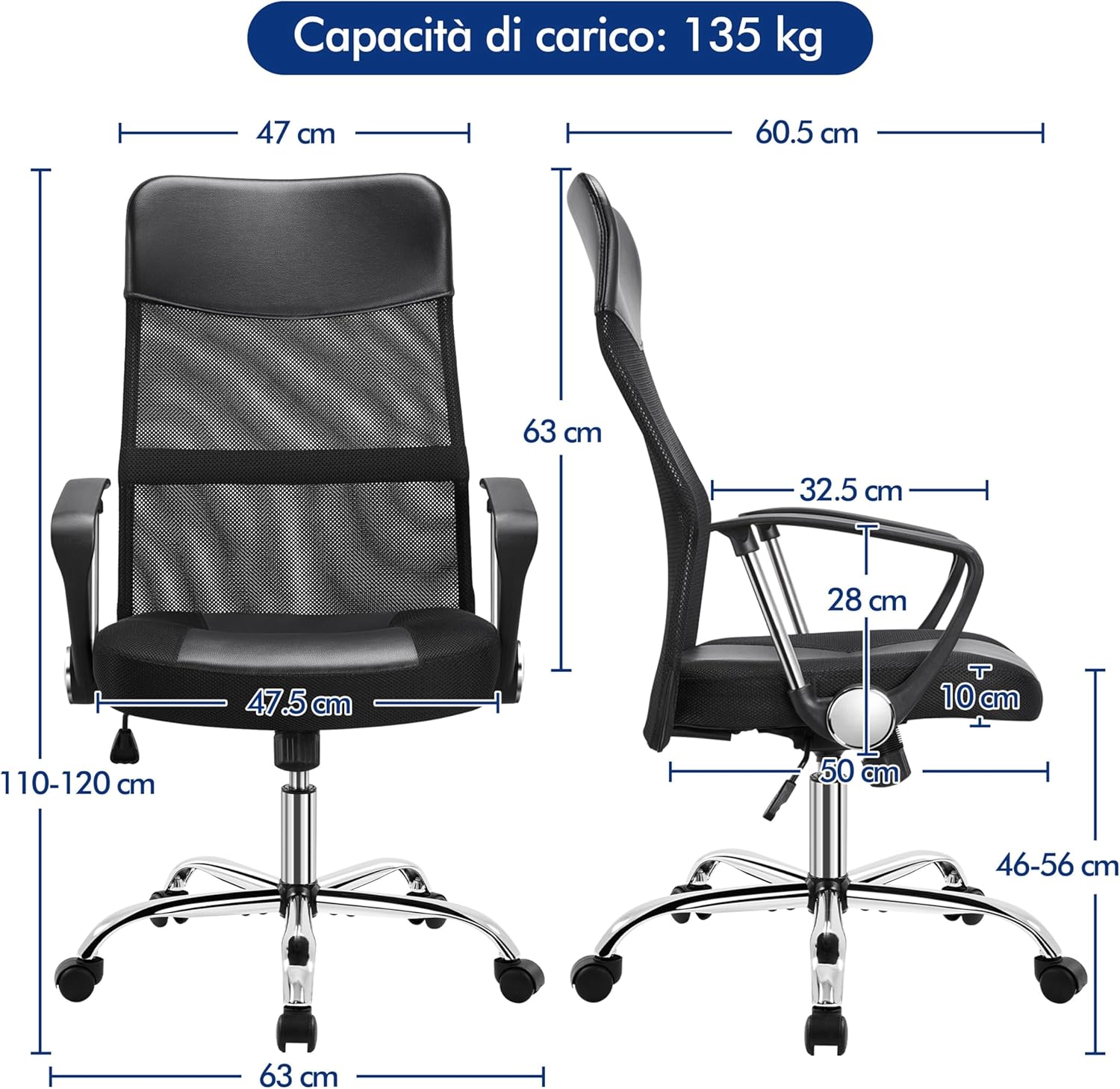 Thumbnail 2 de Yaheetech Sedia Ufficio ergonomica con schienale alto reclinabile, altezza regolabile e portata 135 kg