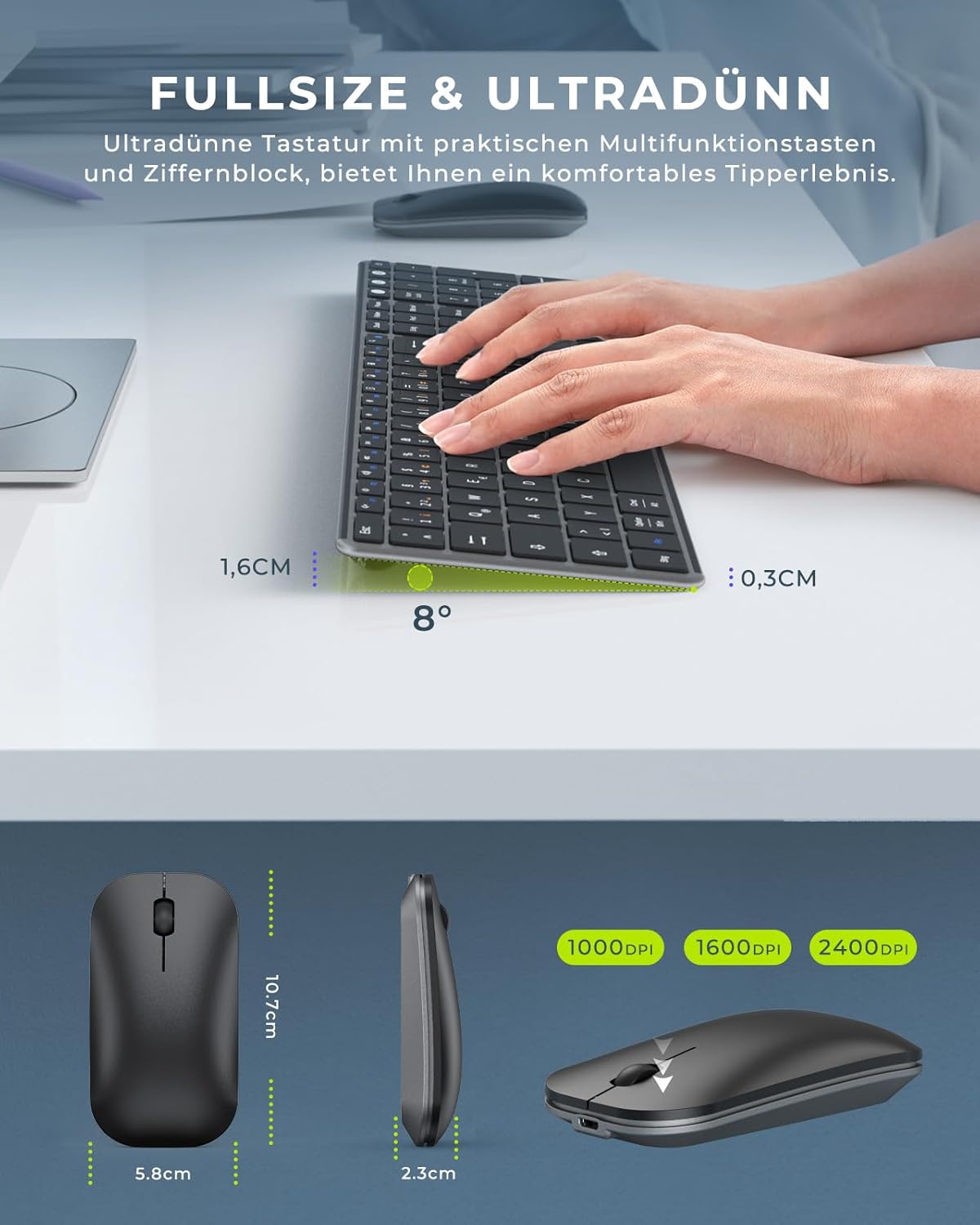 Thumbnail 4 de seenda SKM64-3 Bluetooth-Tastatur mit Maus-Set (kabellos) – 3 Geräte, QWERTZ, grau