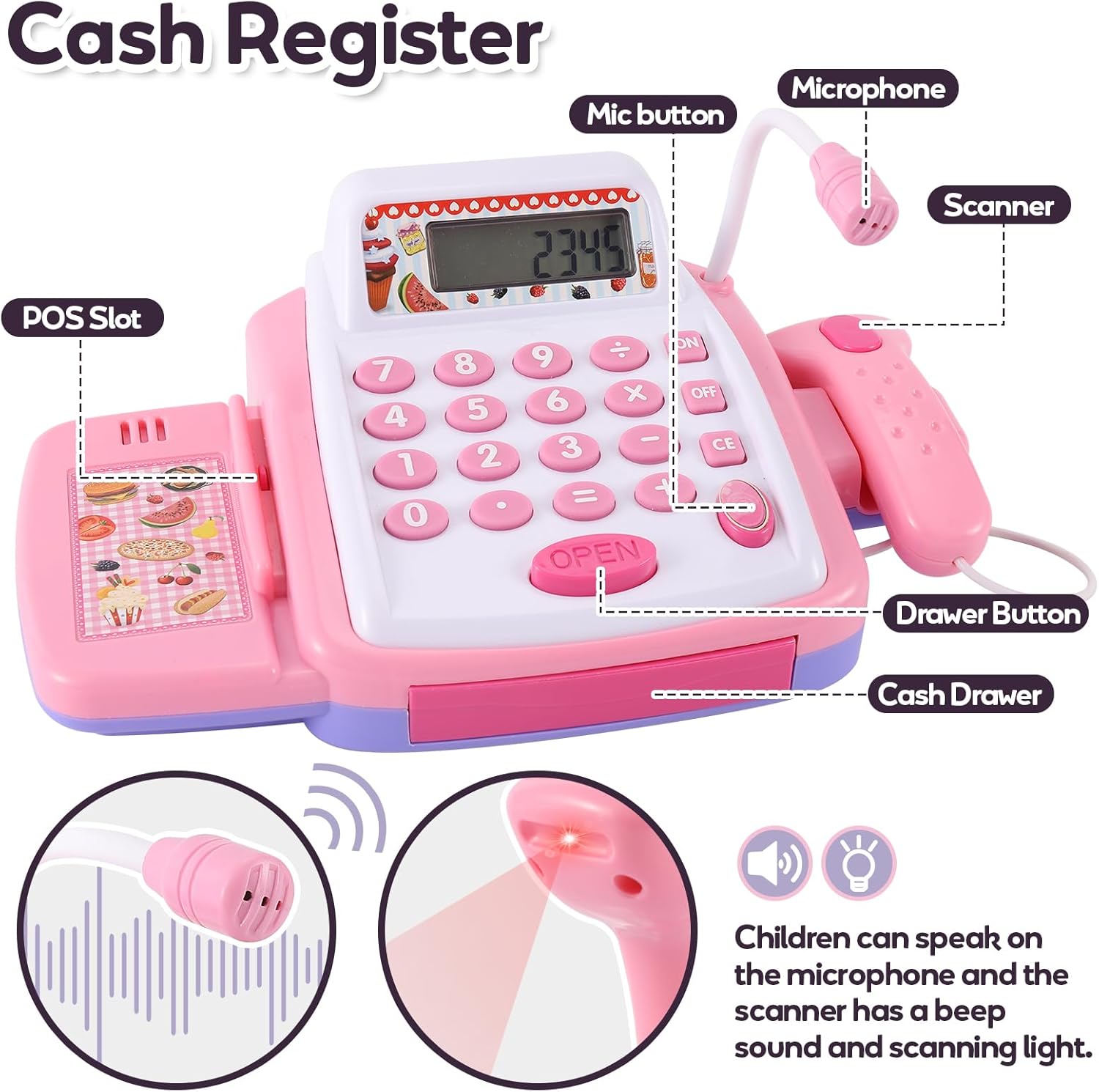 Detalle de HYAKIDS Pretend Play Till Cash Register with Scanner – Imaginative Shopping Till for Kids