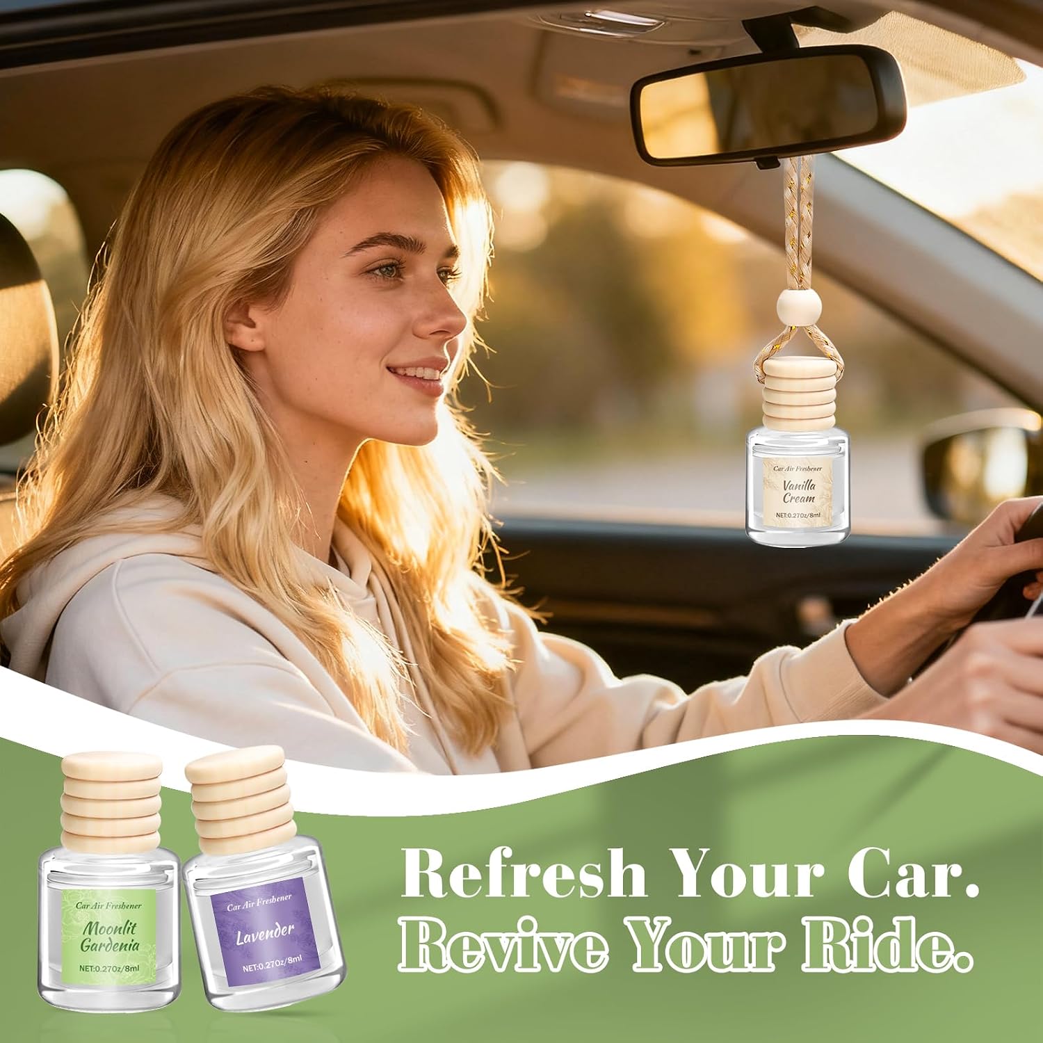Detalle 2 de Vetuslumen 6-Pack Car Air Freshener for Women (8ml Each) — Hanging Glass Diffuser with Slow-Release Essential Oil Scents