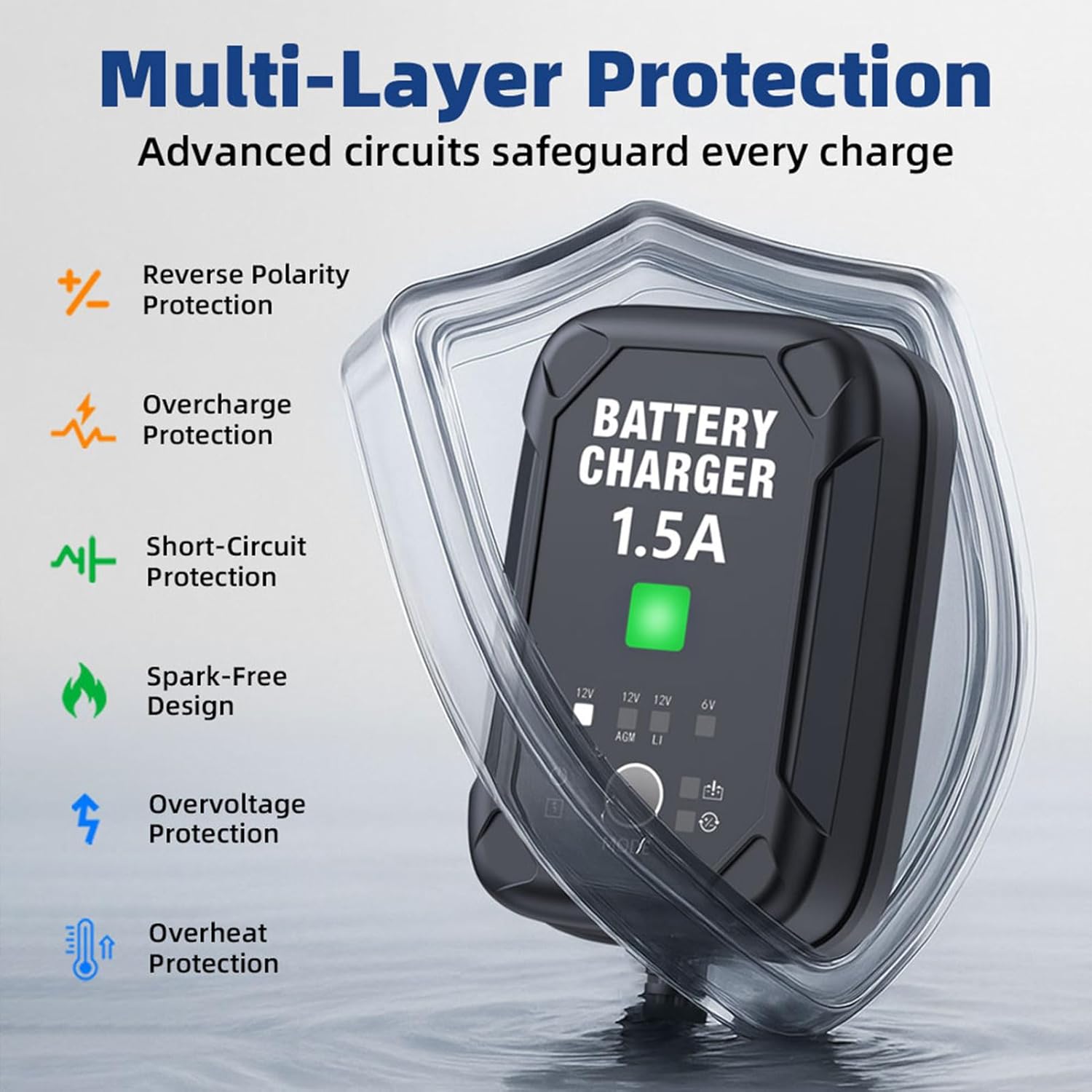 Thumbnail 6 de 1.5A 6V/12V Car Battery Charger (Automatic Trickle Charger) — Battery Maintainer with Temperature Compensation & Overcharge Protection