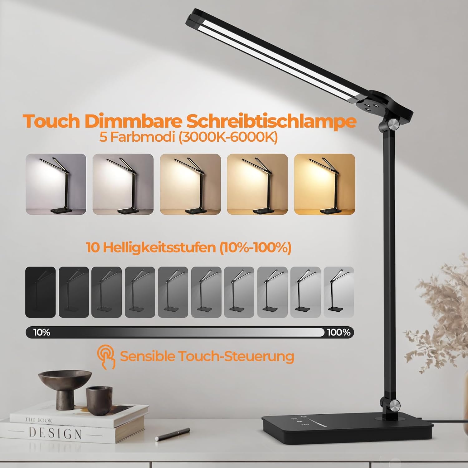 Detalle de JVURICE Schreibtischlampe LED 15W Dimmbare Tischlampe mit 180° Doppelkopf, Timer und USB-Ladefunktion