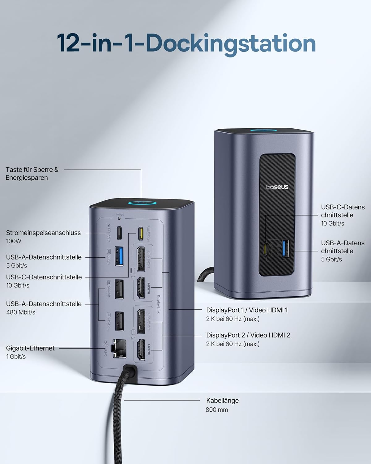 Thumbnail 2 de Baseus Nomos Air Mac 12-in-1 DisplayLink Dockingstation für macOS – Dual-Display mit 2K (HDMI/DP), 10Gbps USB-C/A und 100W PD
