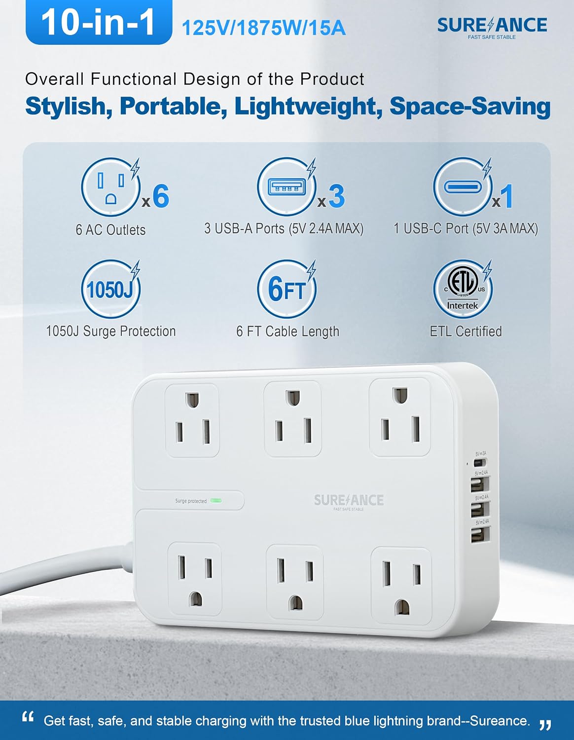 Detalle 2 de SUREANCE 6-Outlet Power Strip with USB-C, 1050J ๐