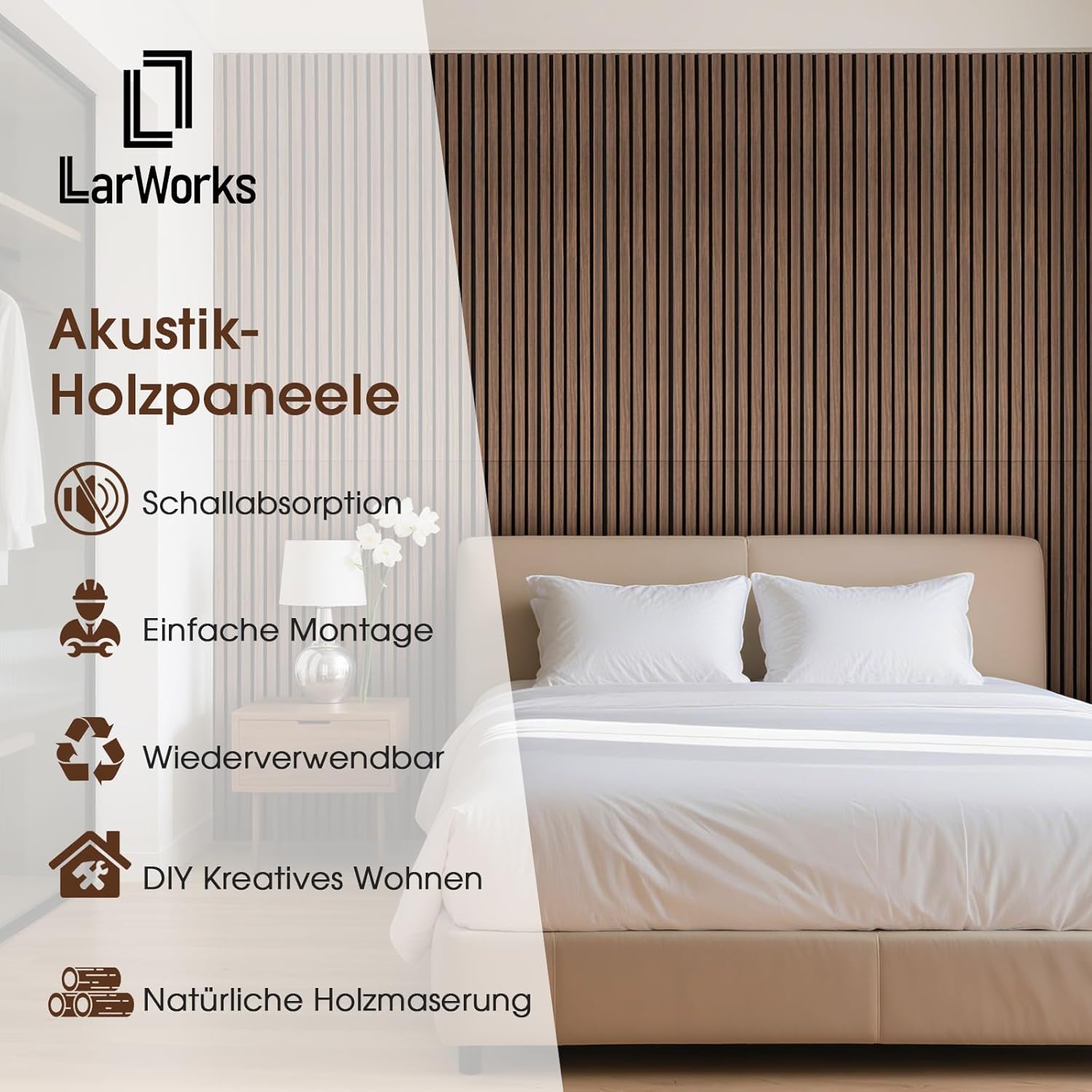 Thumbnail 1 de LARWORKS Akustikpaneele Holz (Walnuss), 2 Stück 120×60 cm – Wandpaneele zur Verbesserung der Raumakustik
