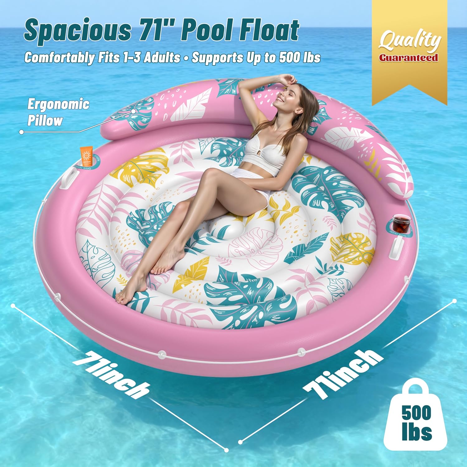 Detalle 2 de JOSEN Pool Floats Adult: Extra Large Inflatable Tanning Lounger with Cup Holders