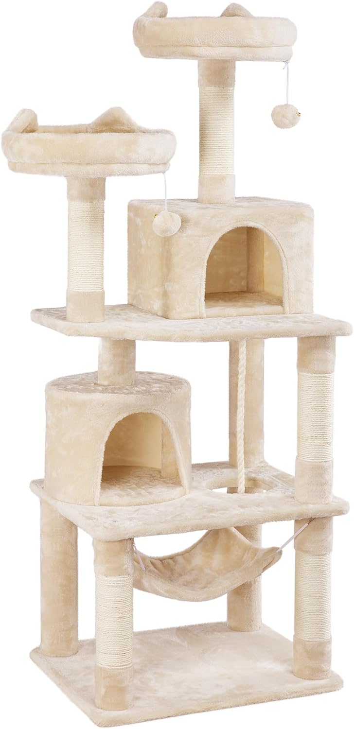 Detalle de Yaheetech Kratzbaum 158 cm mit 2 Katzenhäusern, 2 Plattformen und Sisal-Seil (beige)