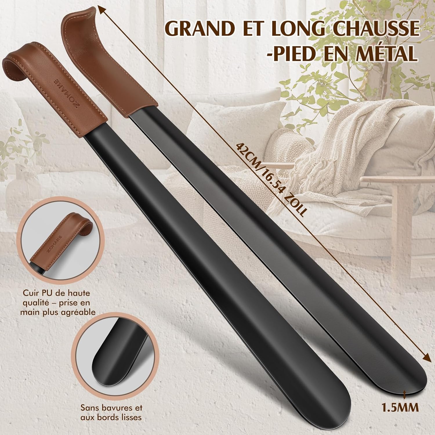 Detalle de ZOMAKE Calzador long en acier inoxydable 42 cm (lot de 2) avec étui en cuir