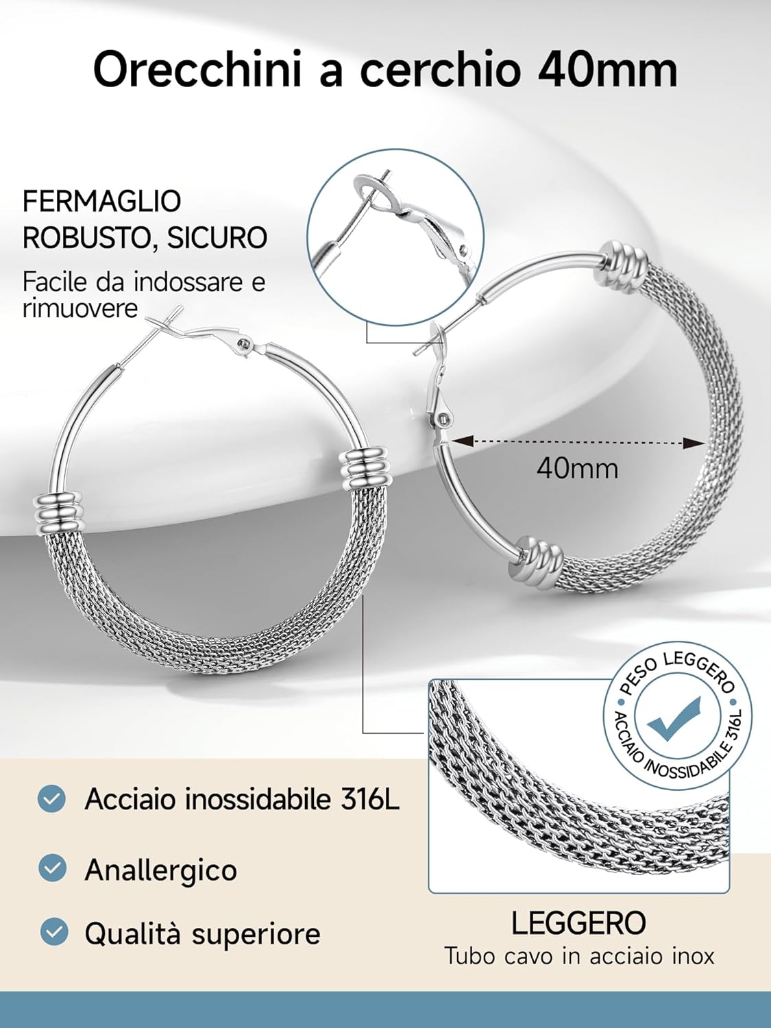Thumbnail 4 de PROSTEEL Orecchini Cerchio a Maglia Metallica 20-80mm