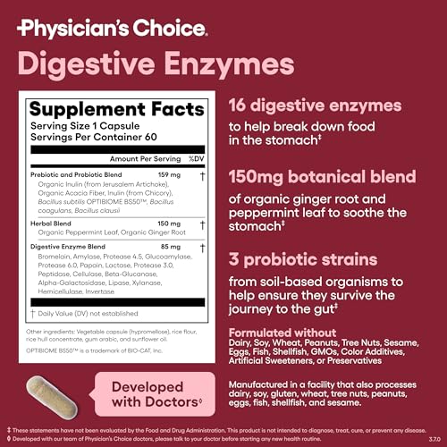 Detalle de Physician's CHOICE Digestive Enzymes for Bloating & Digestion — 16 Enzymes, SBO Probiotics & Organic Prebiotics, 60 Count