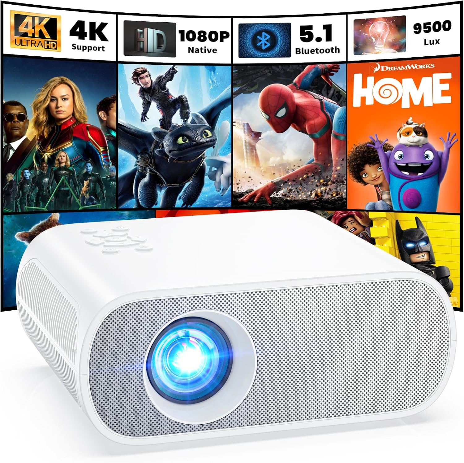 Detalle de HOMPOW Projector Native 1080P Bluetooth 9500 lm