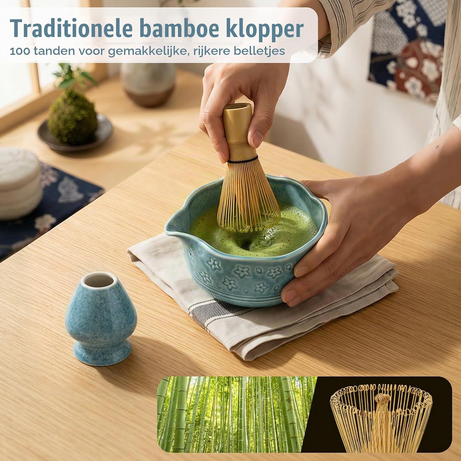 Detalle 1 de VONATES Matcha whisk set matchaset met kersenbloesemkom en bamboeaccessoires