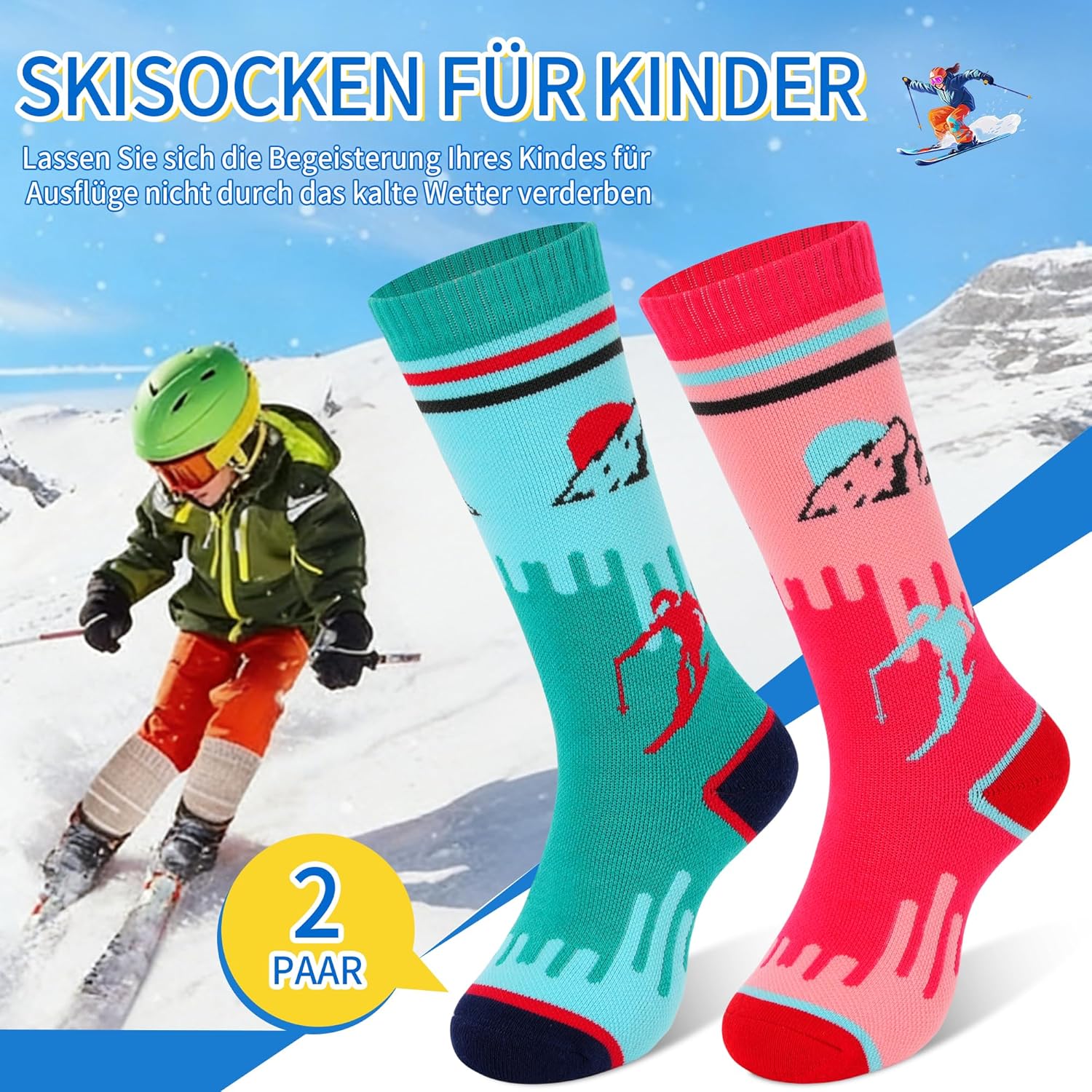 Thumbnail 5 de ELUTONG Kinder Skisocken (2 Paar) für 3–10 Jahre – warme Thermo-Socken mit Sonnenaufgangs- und Schneemannmotiven