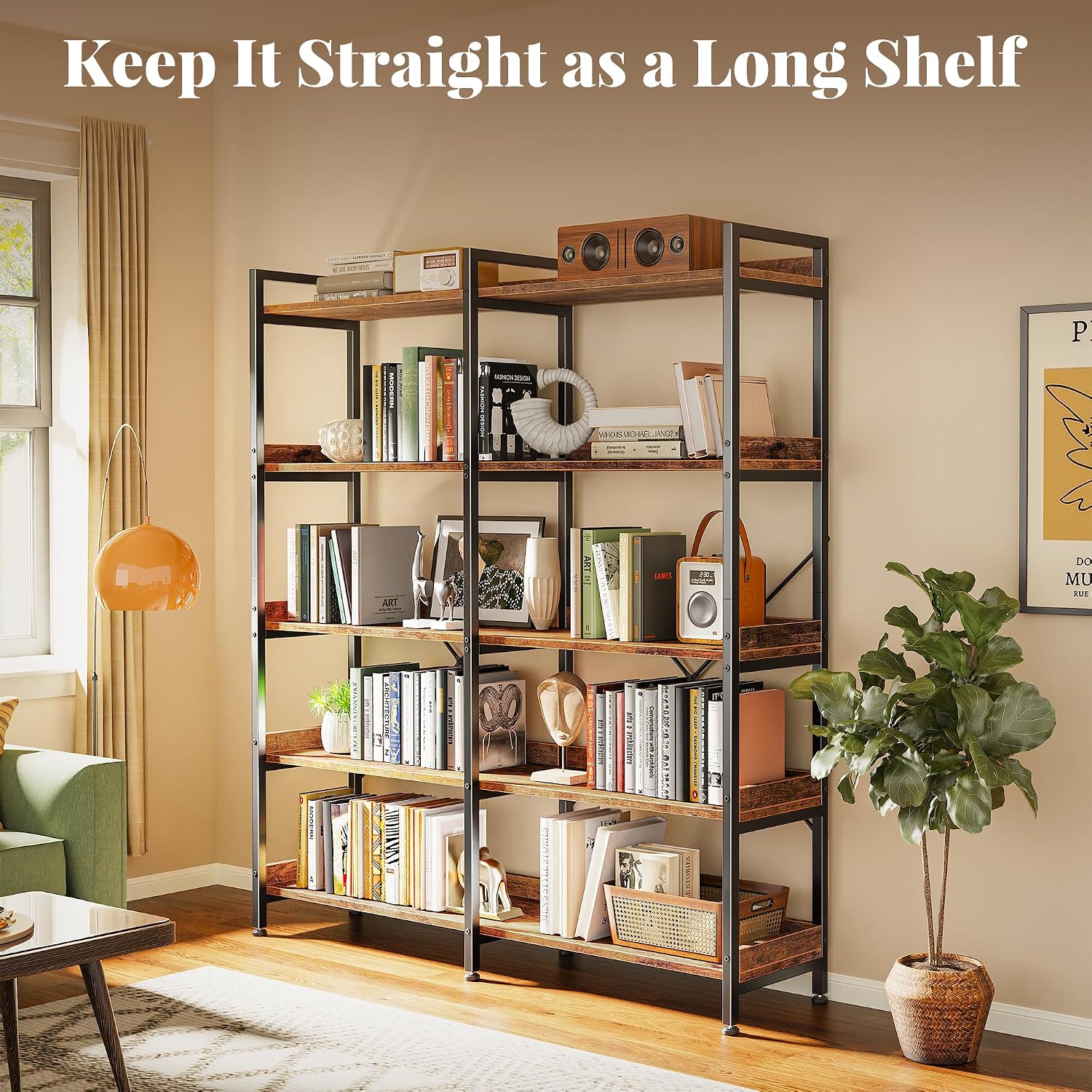 Detalle de Huuger 5-Tier Bookshelf with 10 Open Shelves, Raised Edges, Rustic Brown