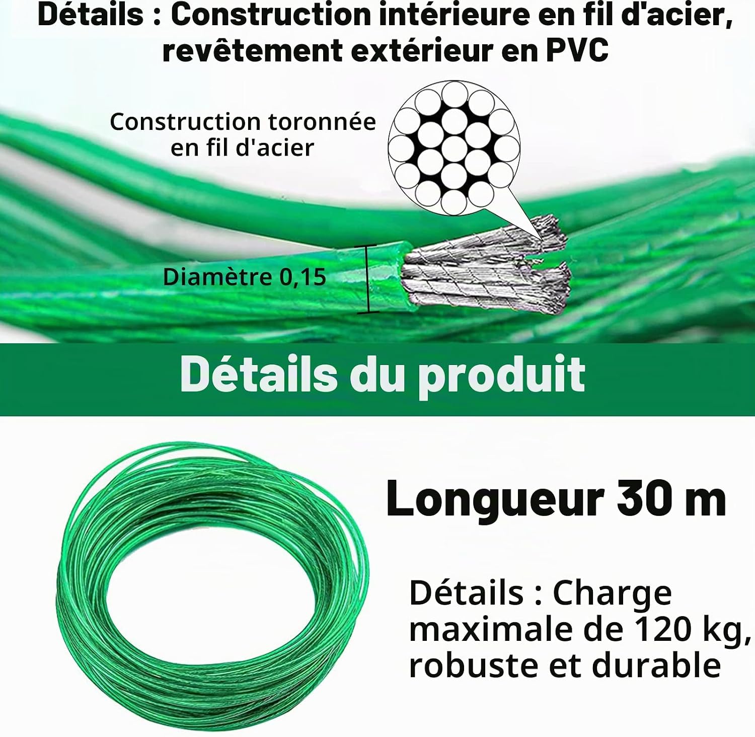 Detalle 2 de E-RFSEY waslijn met stalen kern, 30 m, 4 mm en groene PVC-mantel