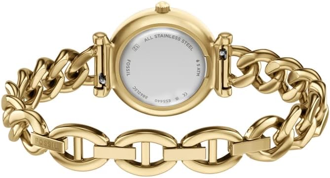Detalle de Fossil Carlie Damenuhr – goldfarbenes Edelstahlgehäuse & Armband, Quarzwerk, 28 mm
