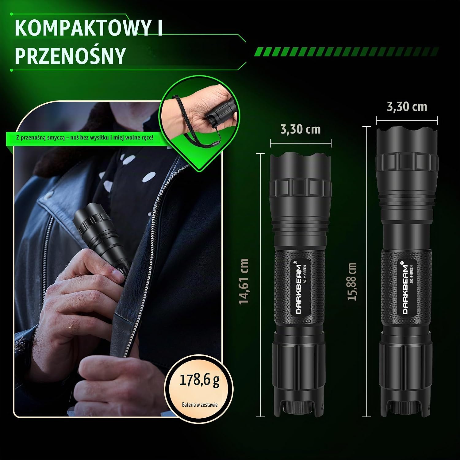 Detalle 1 de DARKBEAM 501M – latarka LED z zielonym światłem, regulacją jasności i wiązki