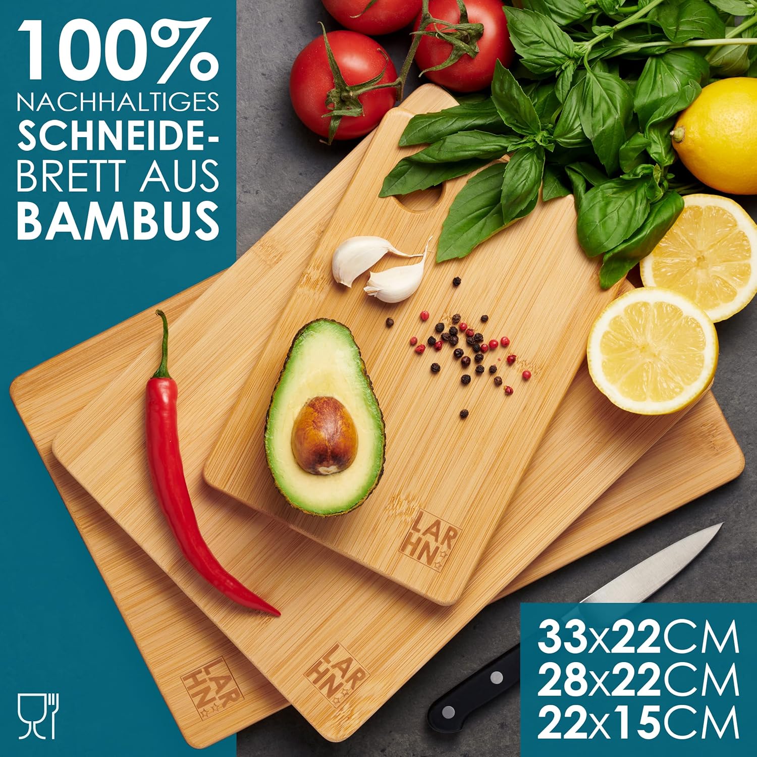 Detalle 2 de LARHN Schneidebrett Holz 3er Set 33×22 cm