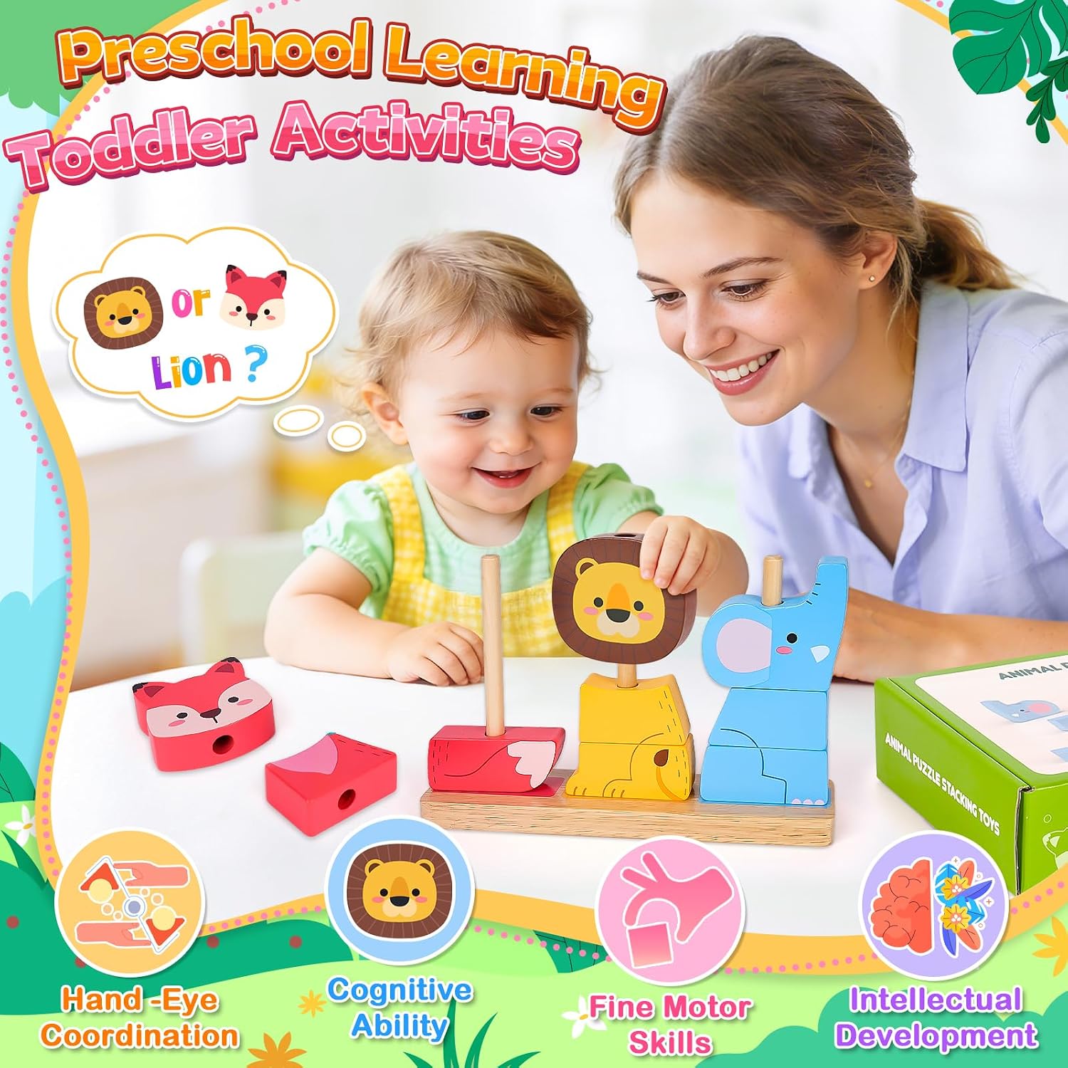 Detalle 2 de Montessori Wooden Stacking Animal Toy Set for 1–3 Year Olds (Elephant, Lion, Fox)