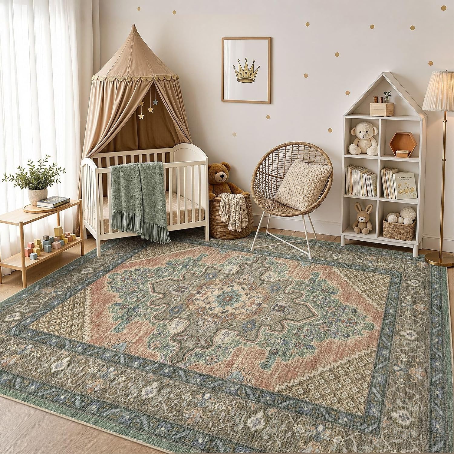 Thumbnail 4 de Tortania 8x10 Washable Boho Rug — Sage Terracotta, Vintage Oriental Distressed Style