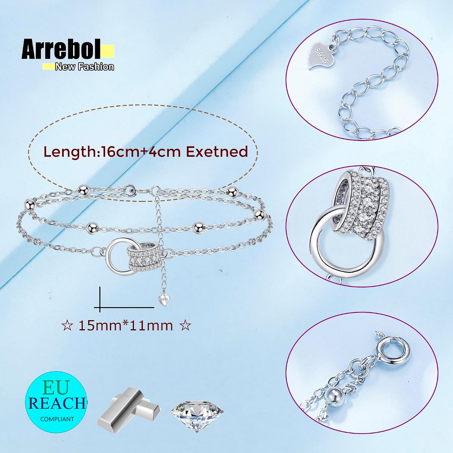 Detalle 2 de Bracelet argent 925 Arrebol, double chaîne 20 cm
