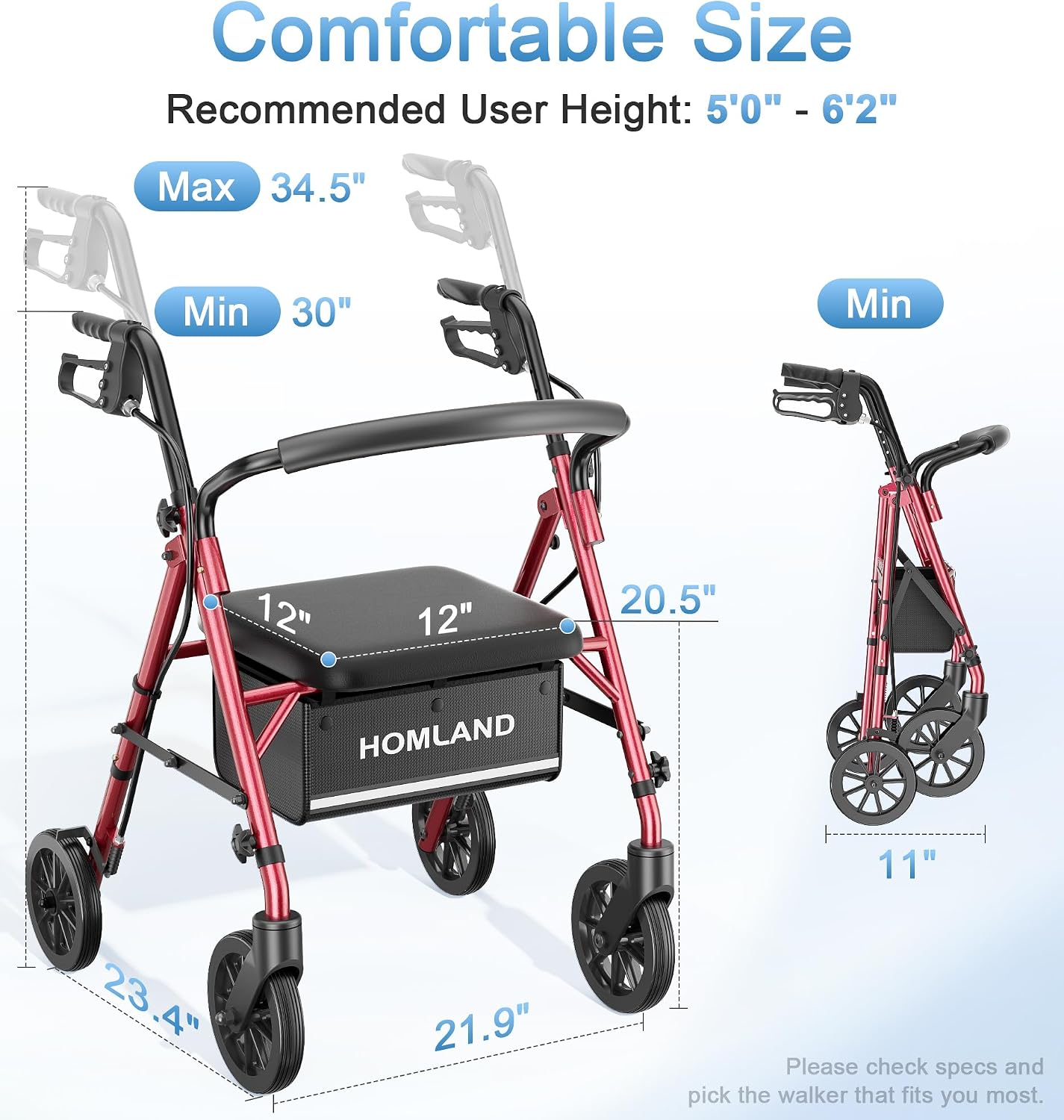 Detalle 1 de HOMLAND Foldable Rollator Walker with Seat, 16 lb, 5-Level Adjustable