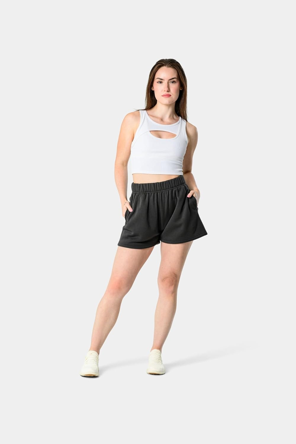 Detalle de Kamo Fitness CozyTec Sweat Shorts for Women — High-Waisted Lounge Cotton Shorts with Pockets