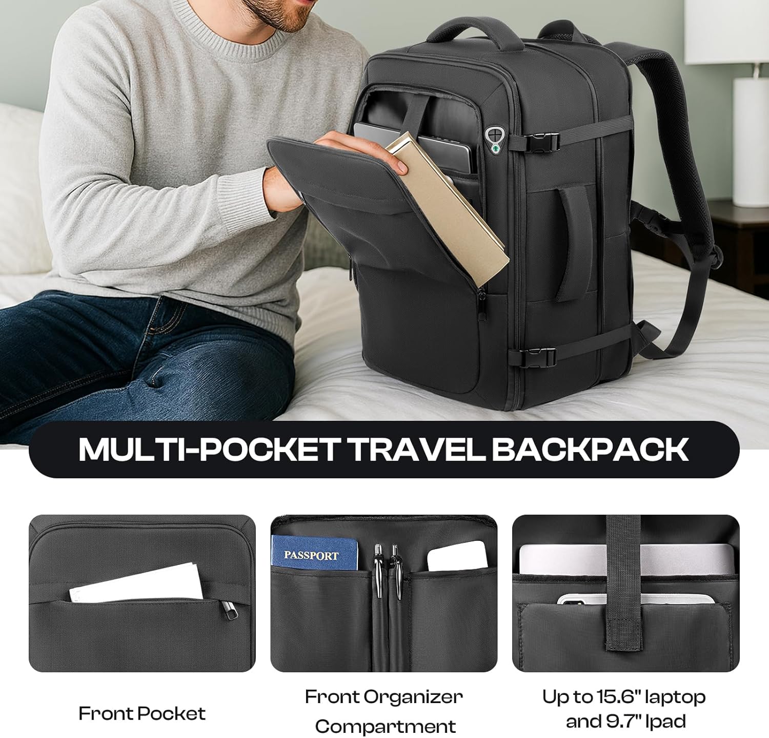 Thumbnail 3 de Sirmaeed Carry-On Backpack 40L–50L (Expandable) TSA-Approved for 17.3” Laptops, Black