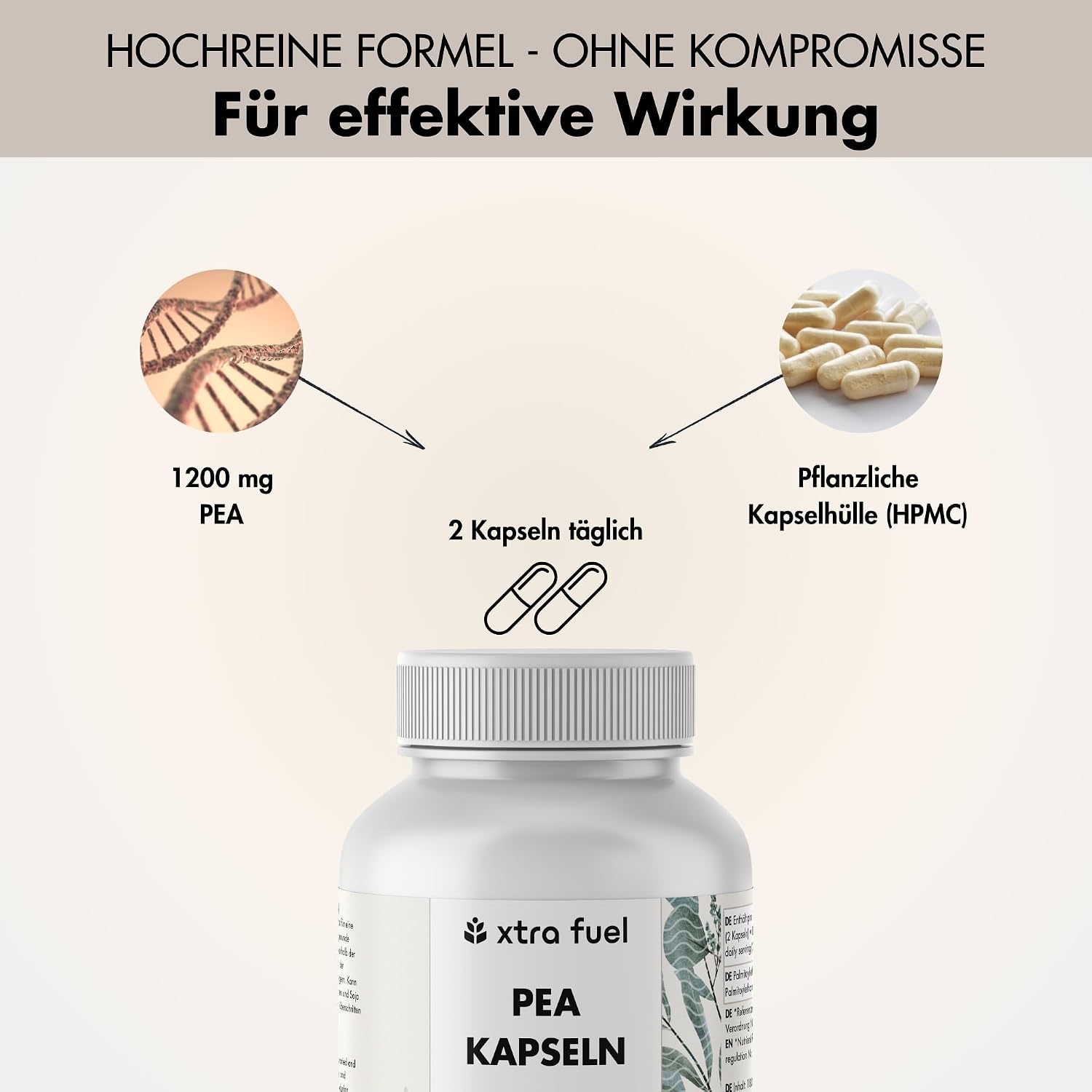 Detalle de PEA Kapseln – 180 Kapseln hochdosiert, mikronisiertes Palmitoylethanolamid (1200 mg/Tag) – vegan