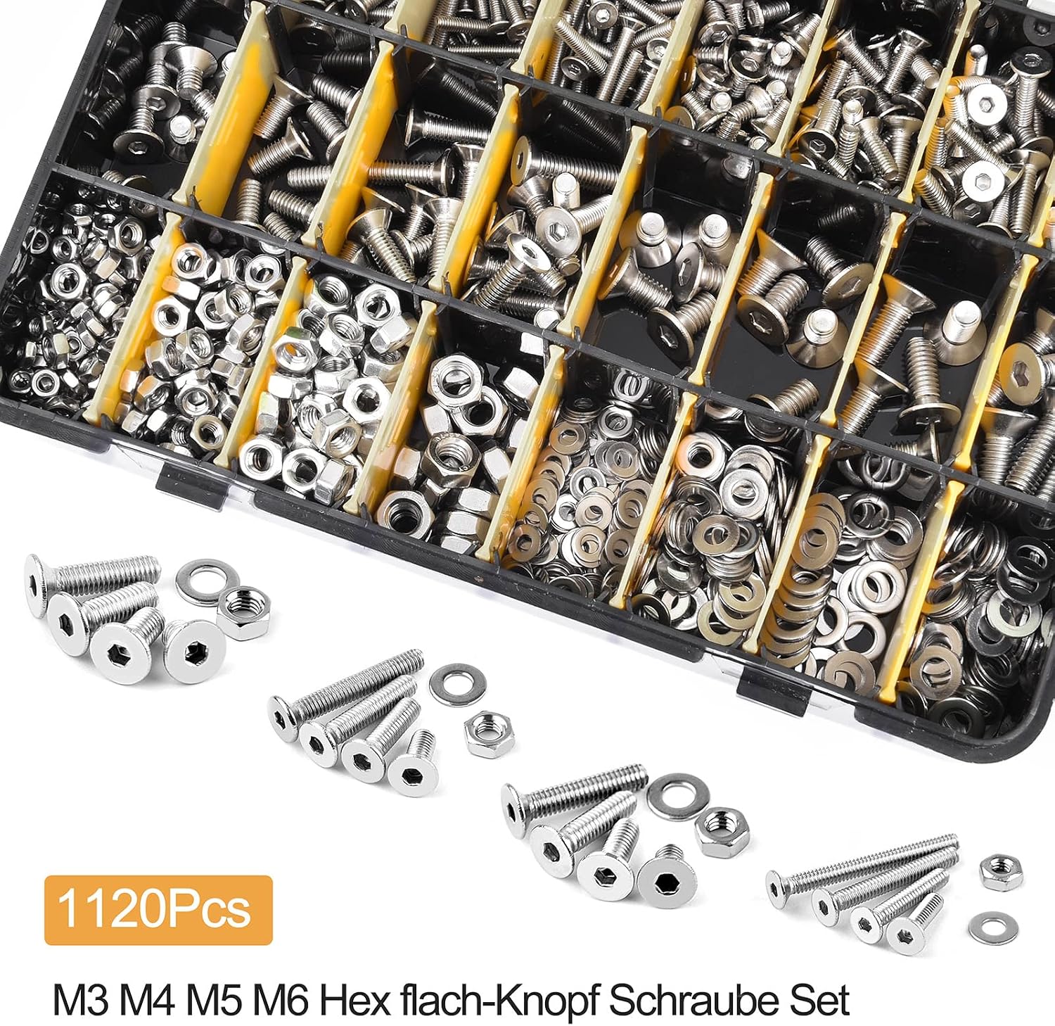 Thumbnail 5 de VIGRUE 1120PCS M3–M6 Senkkopfschrauben, Innensechskant, A2-70 Edelstahl, Inklusive Muttern, Unterlegscheiben & Aufbewahrungsbox