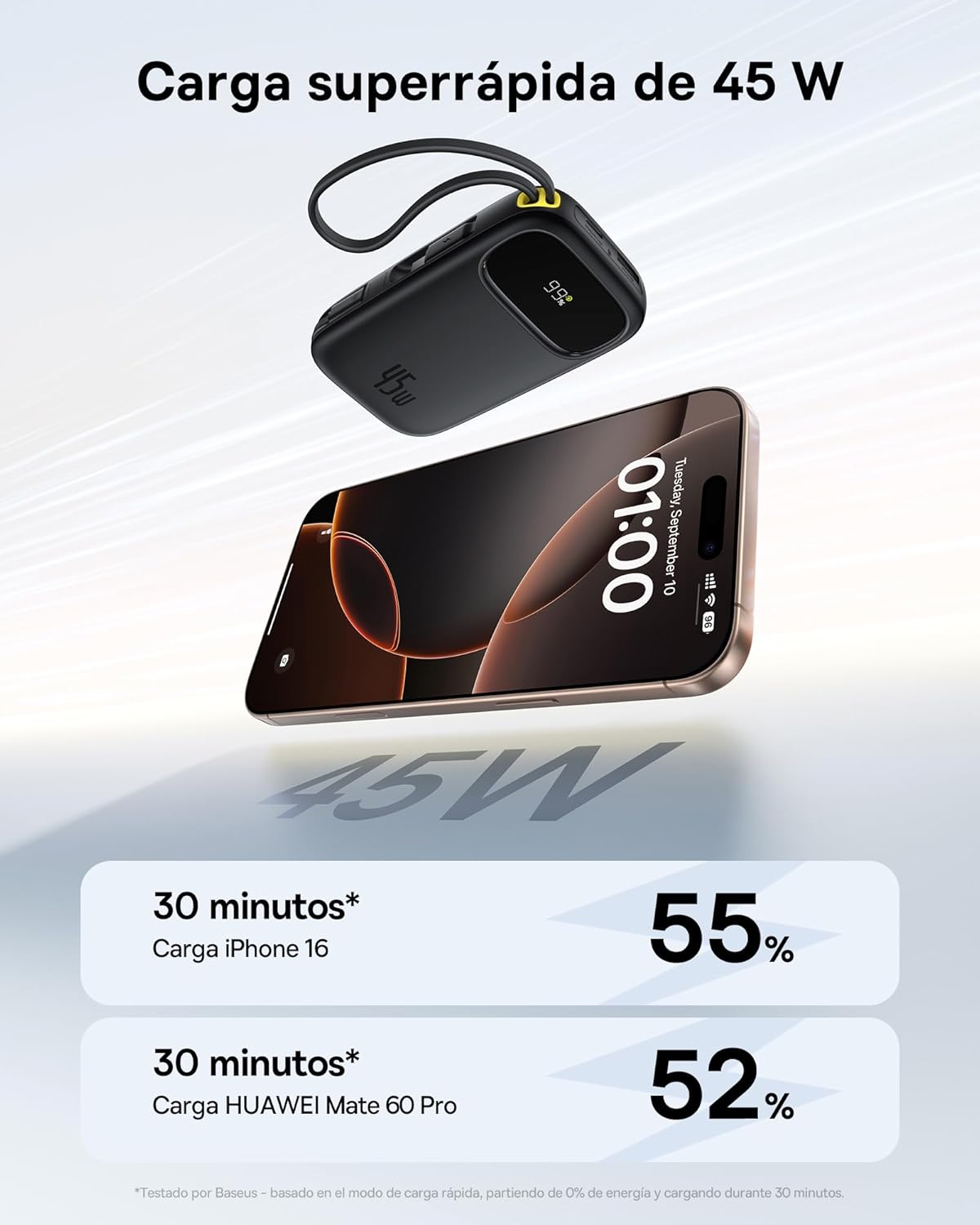 Detalle 2 de Baseus Powerbank 20000mAh 45W con 2 cables integrados