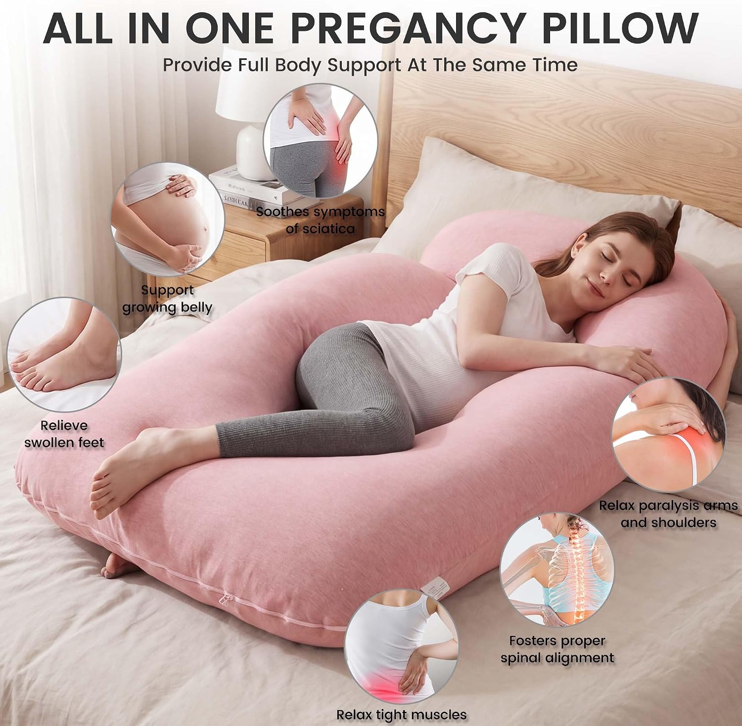Detalle de Jcickt 59-Inch Full-Body Pregnancy Pillow with Ice Silk Cover, Pink