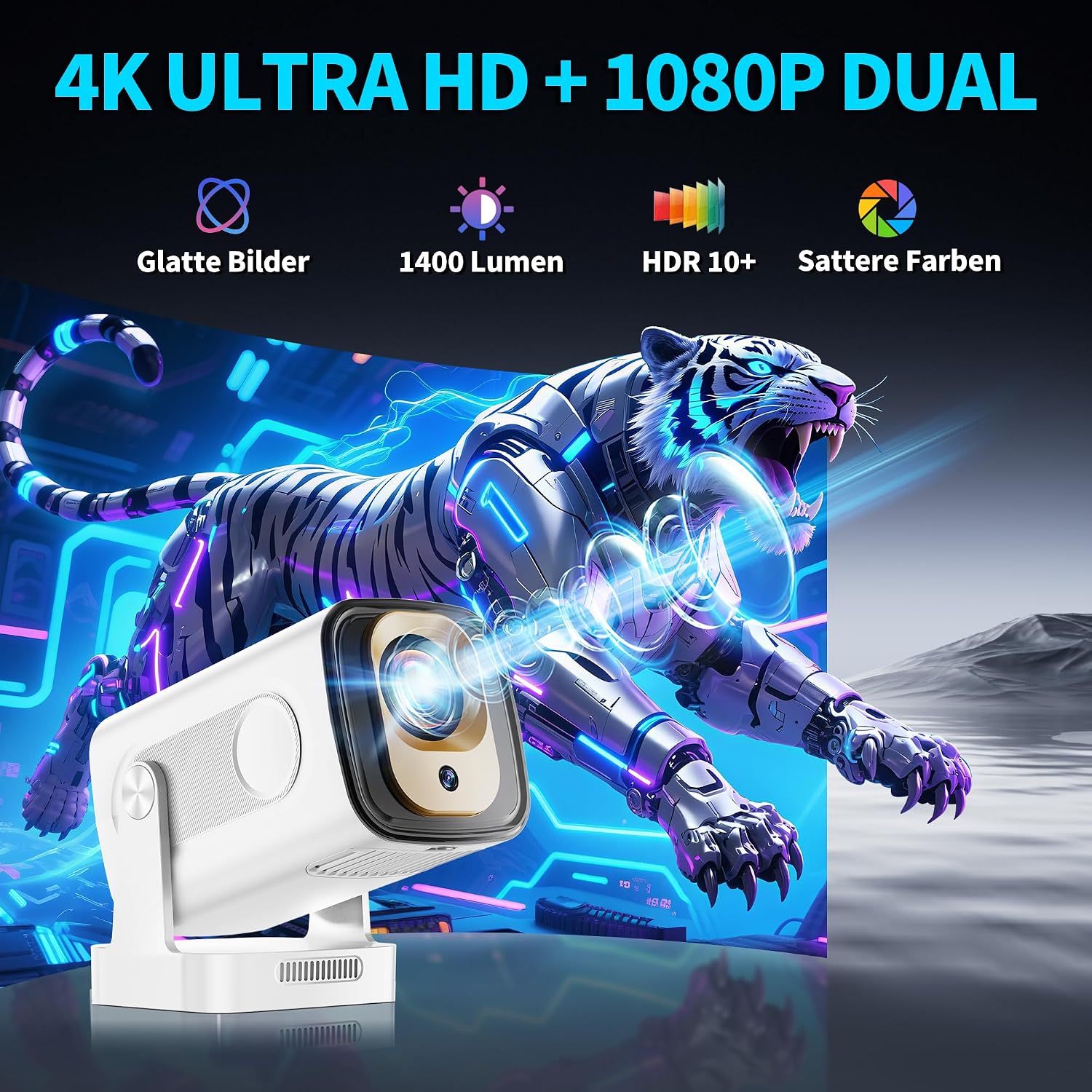 Thumbnail 4 de Mini Beamer 4K 1080P (2026) mit Auto-Fokus, Trapezkorrektur, WiFi 6 & Bluetooth 5.4 – tragbarer Projektor in Weiß