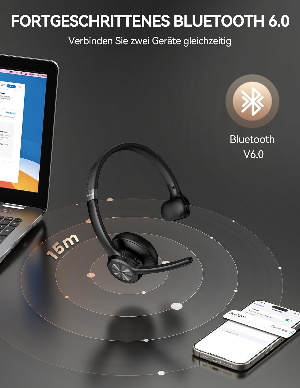 Thumbnail 3 de TECKNET Bluetooth Headset mit Mikrofon – Kabellos, BT6.0, ENC-Rauschunterdrückung, Ein Ohr ideal für Büro, Homeoffice und Callcenter