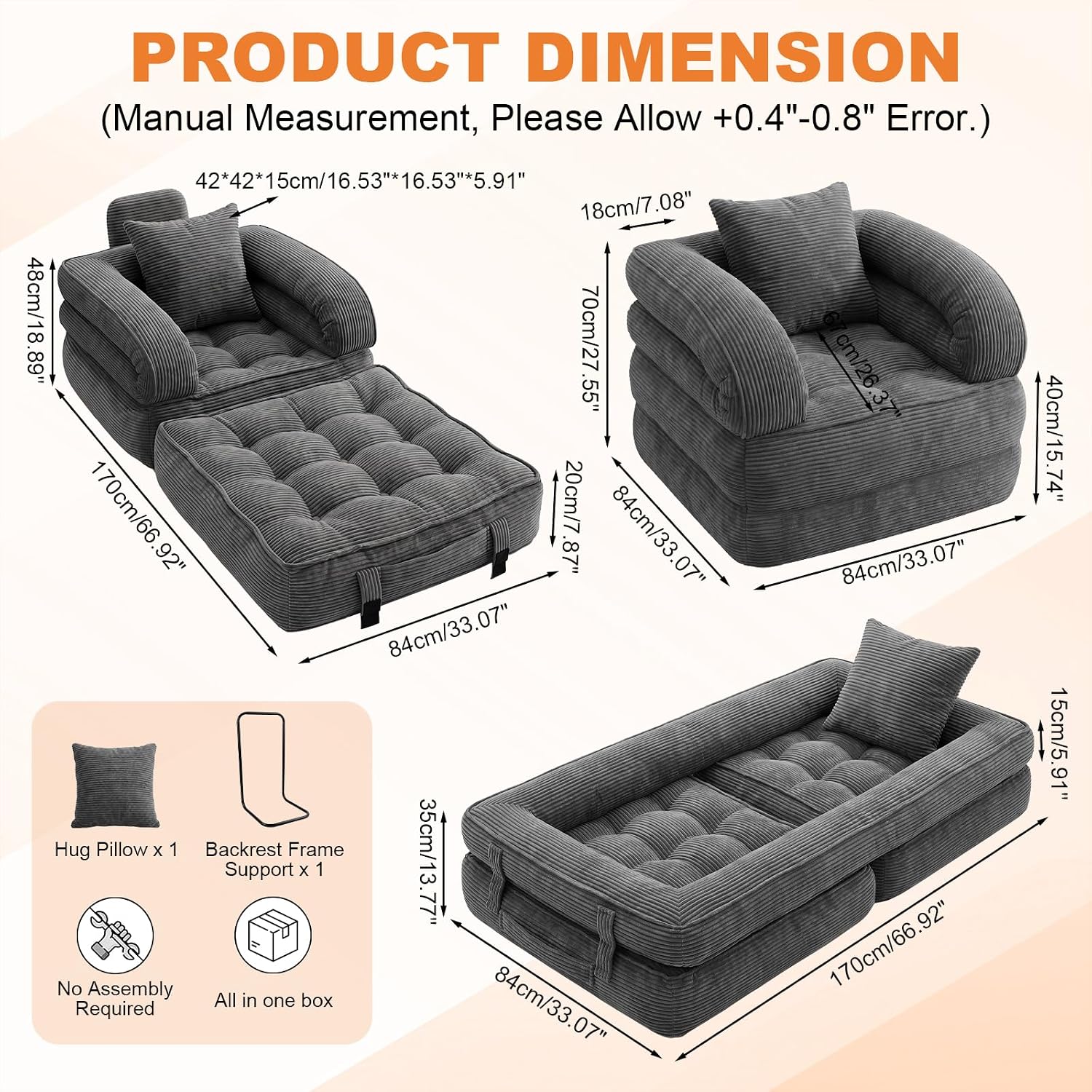Detalle de CUBIOU Y8022-Dark Gray Convertible Sofa Bed, 3-in-1 Corduroy Floor Chair
