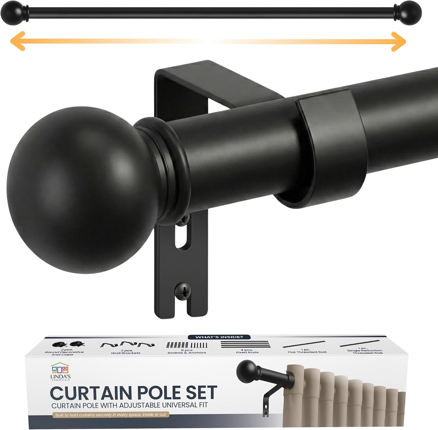 Detalle de Extendable Curtain Poles 87-243cm – Adjustable Black Metal Rod with Ball Finials