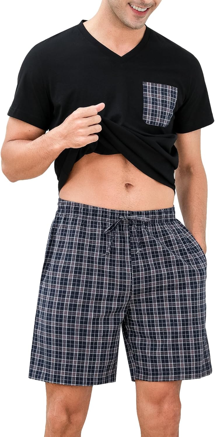 Detalle 2 de Winovia Herren Schlafanzug Kurz Pyjama Set aus 100% Baumwolle – V-Ausschnitt Shirt + karierte Shorty Hose, Sommer-Homewear