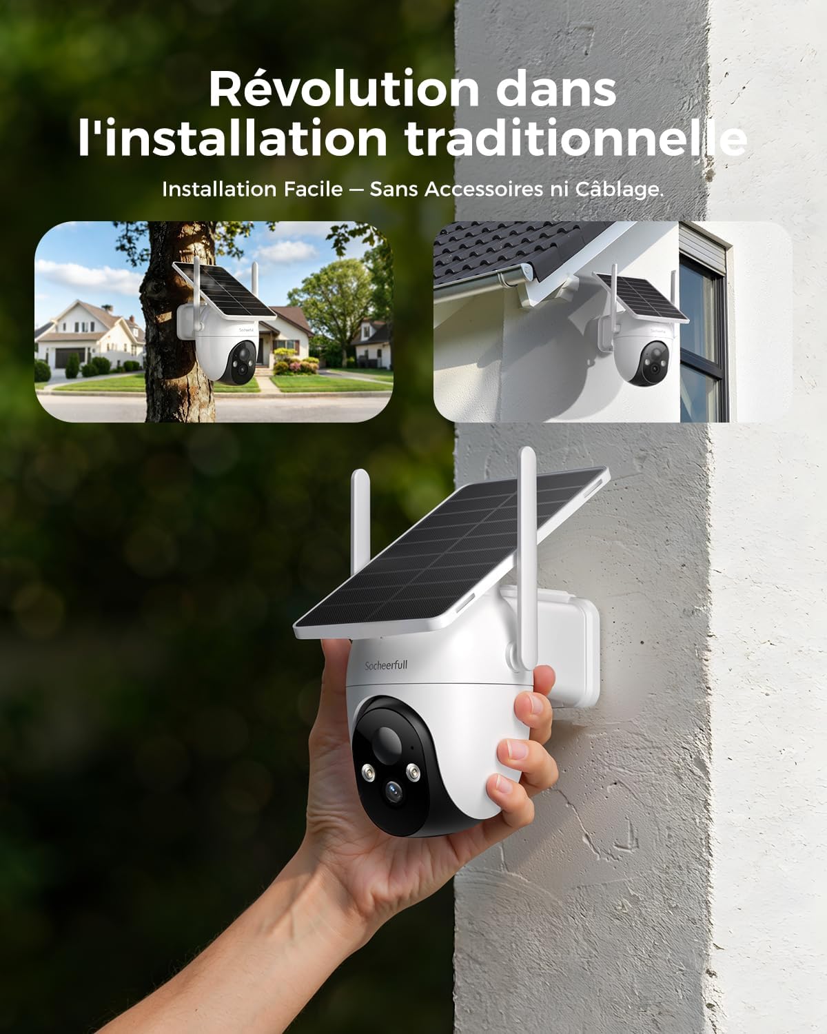 Detalle de Socheerfull 2K Caméra de Surveillance Extérieure Sans Fil avec Panneau Solaire Intégré et PTZ 350°