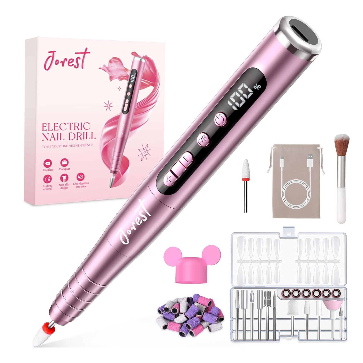 Detalle de JOREST 13-in-1 Elektrische Nagelfräse Kabellos – Maniküre-Set für Gel- und Acrylnägel (Rose Pink)