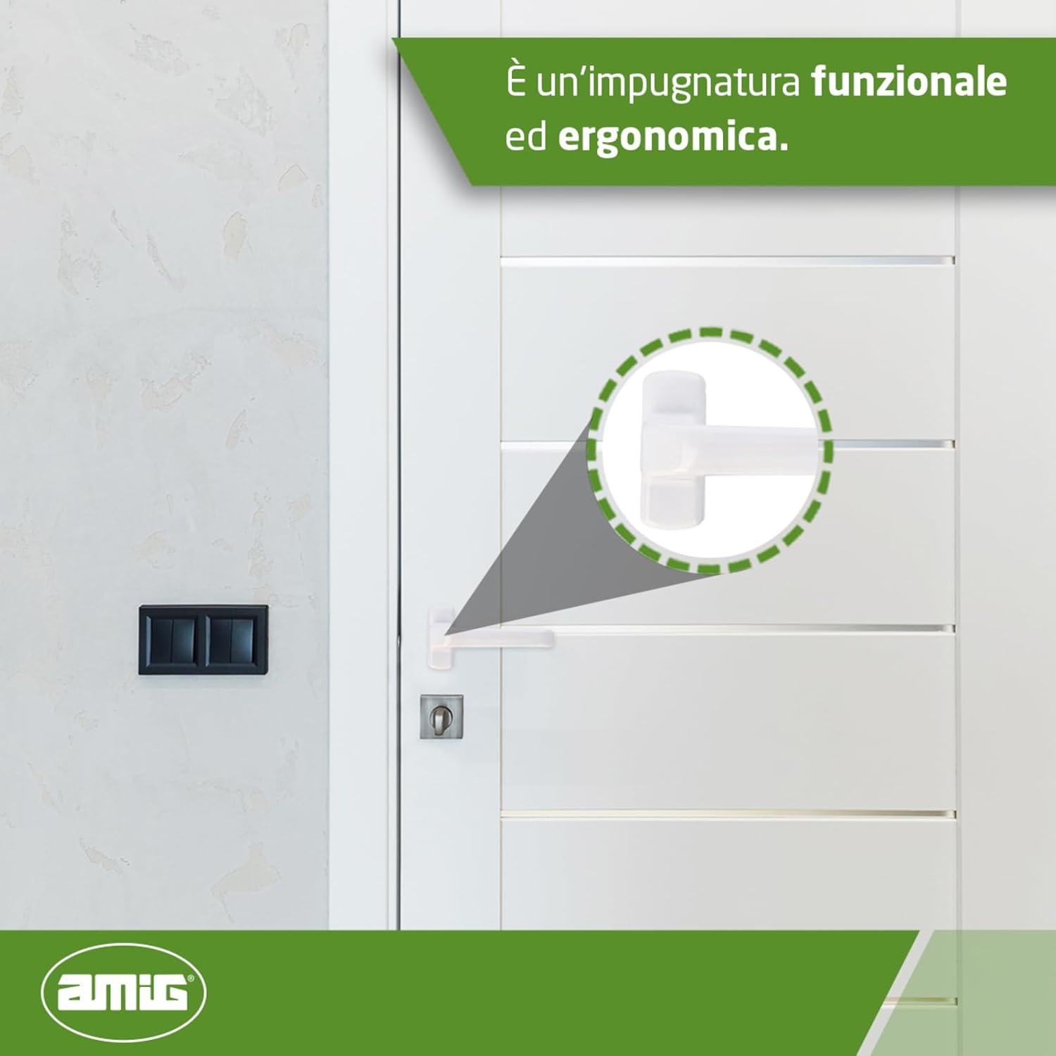 Detalle 2 de AMIG Epsilon: Maniglia per porta con rosetta in alluminio, bianco, 132 x 70 mm, rosetta 8 mm (Dx/Sx reversibile)