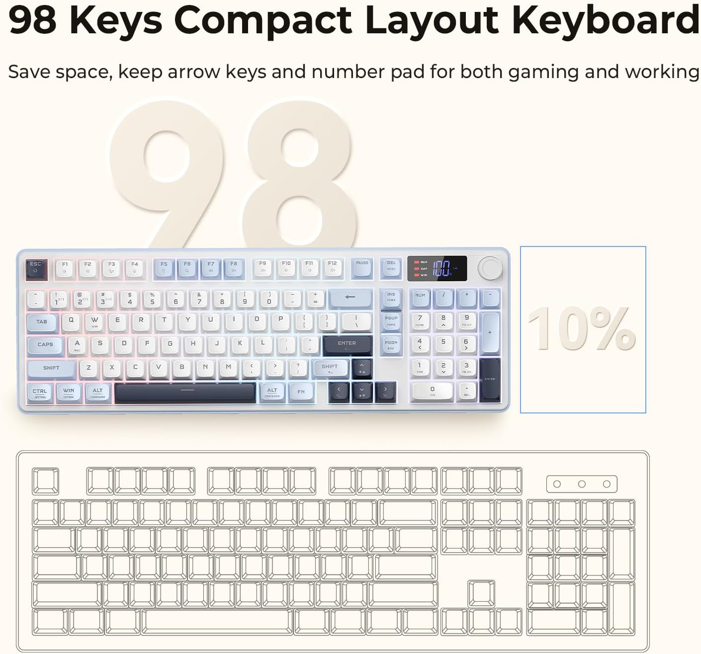 Thumbnail 6 de Redragon Wireless Gaming Keyboard, 98-Key Tri-Mode with Knob, Display, and PBT Keycaps